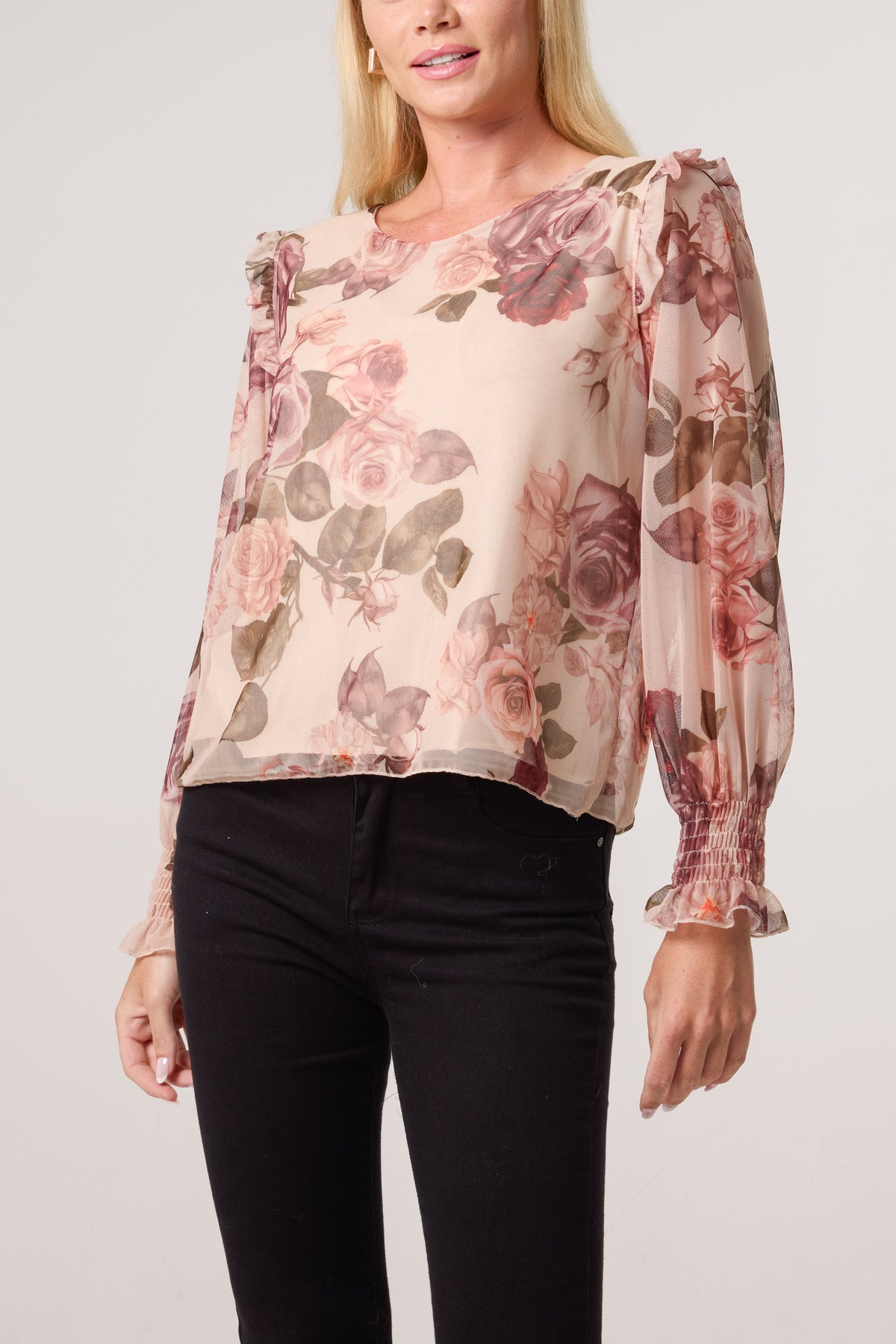 Roses Print Frill Sleeve Mesh Blouse