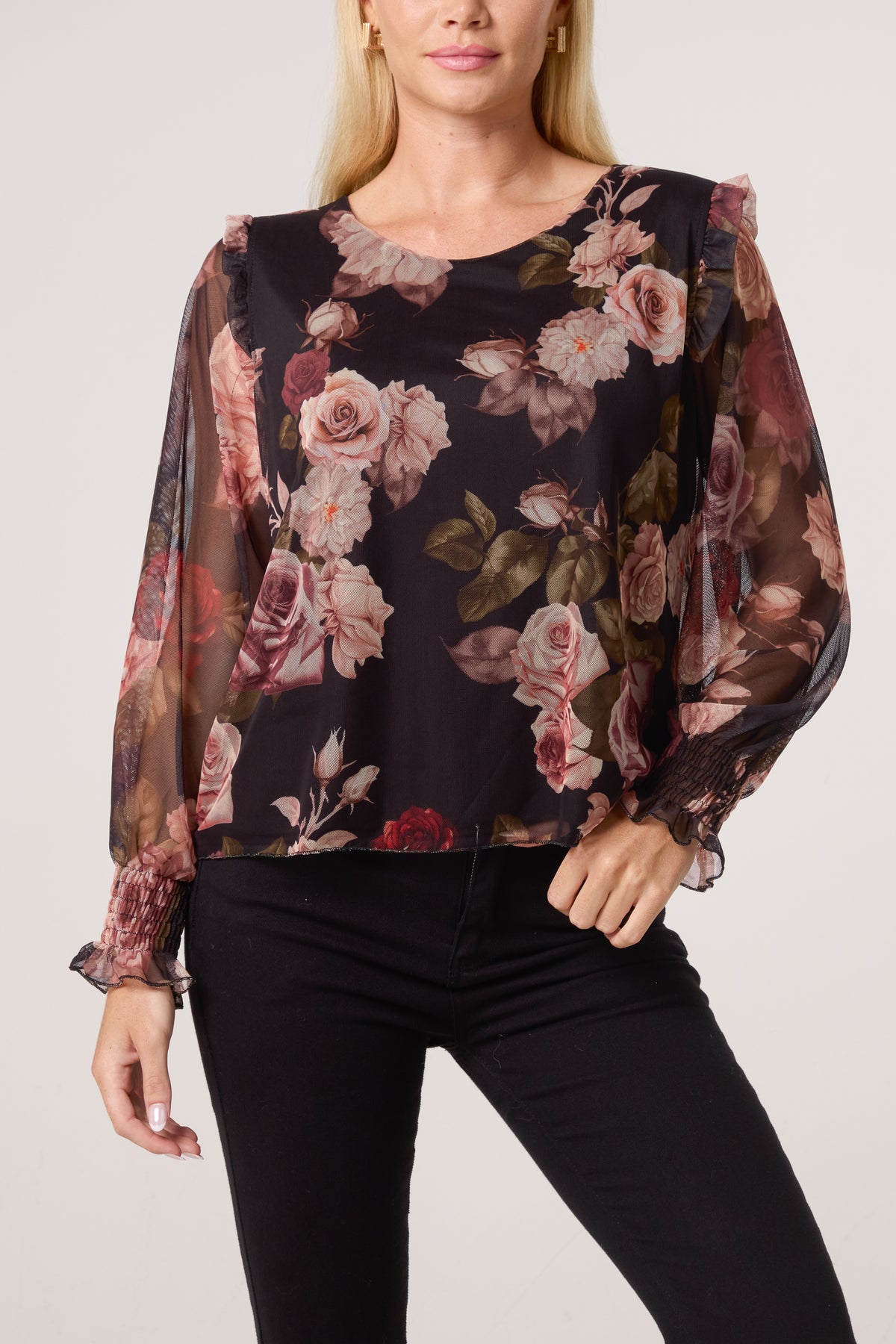 Roses Print Frill Sleeve Mesh Blouse