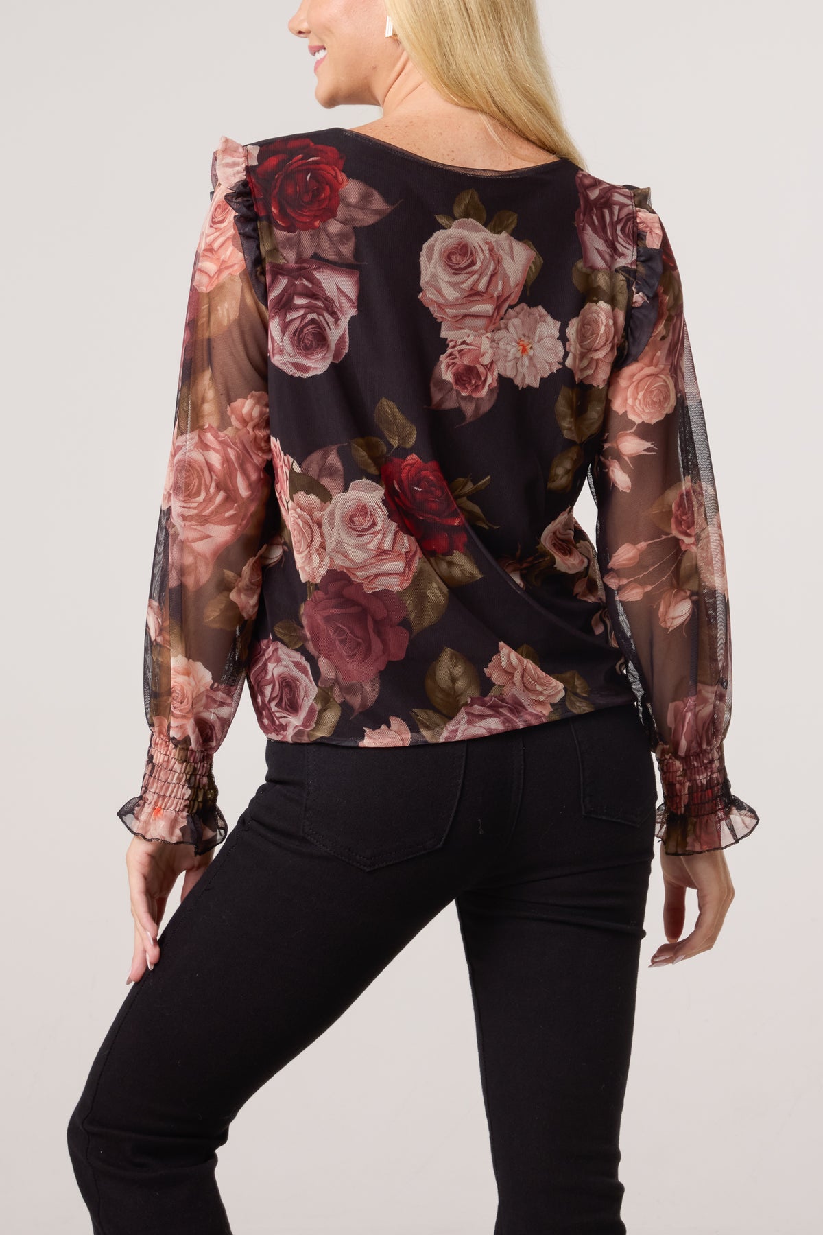 Roses Print Frill Sleeve Mesh Blouse