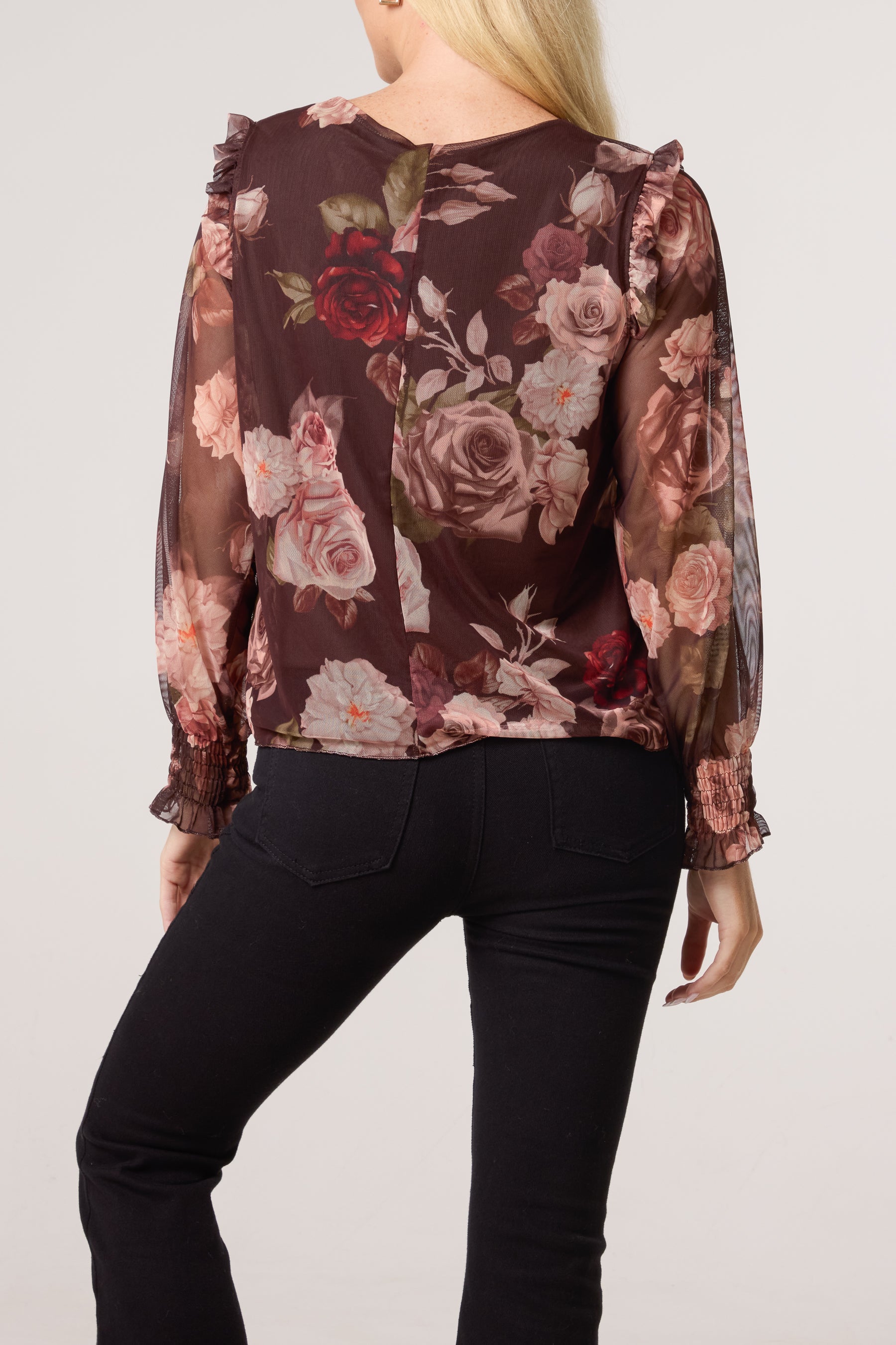 Roses Print Frill Sleeve Mesh Blouse