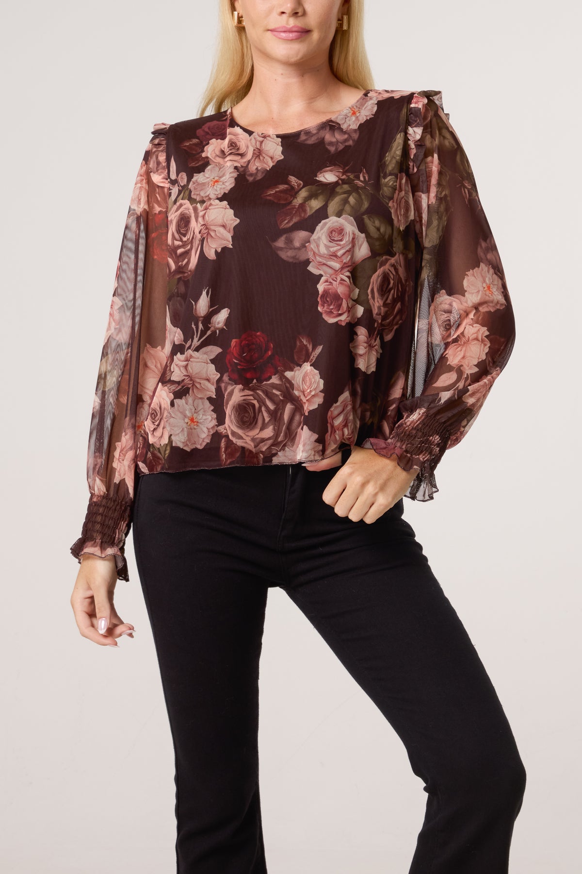 Roses Print Frill Sleeve Mesh Blouse