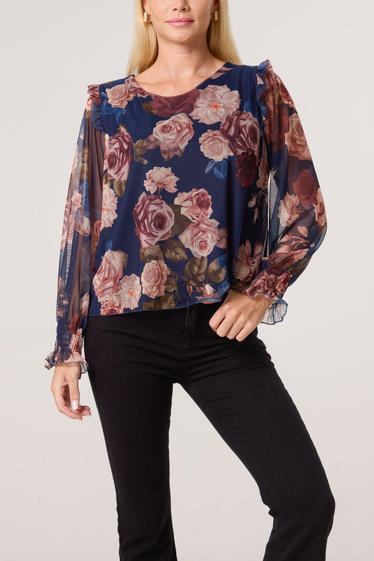 Roses Print Frill Sleeve Mesh Blouse