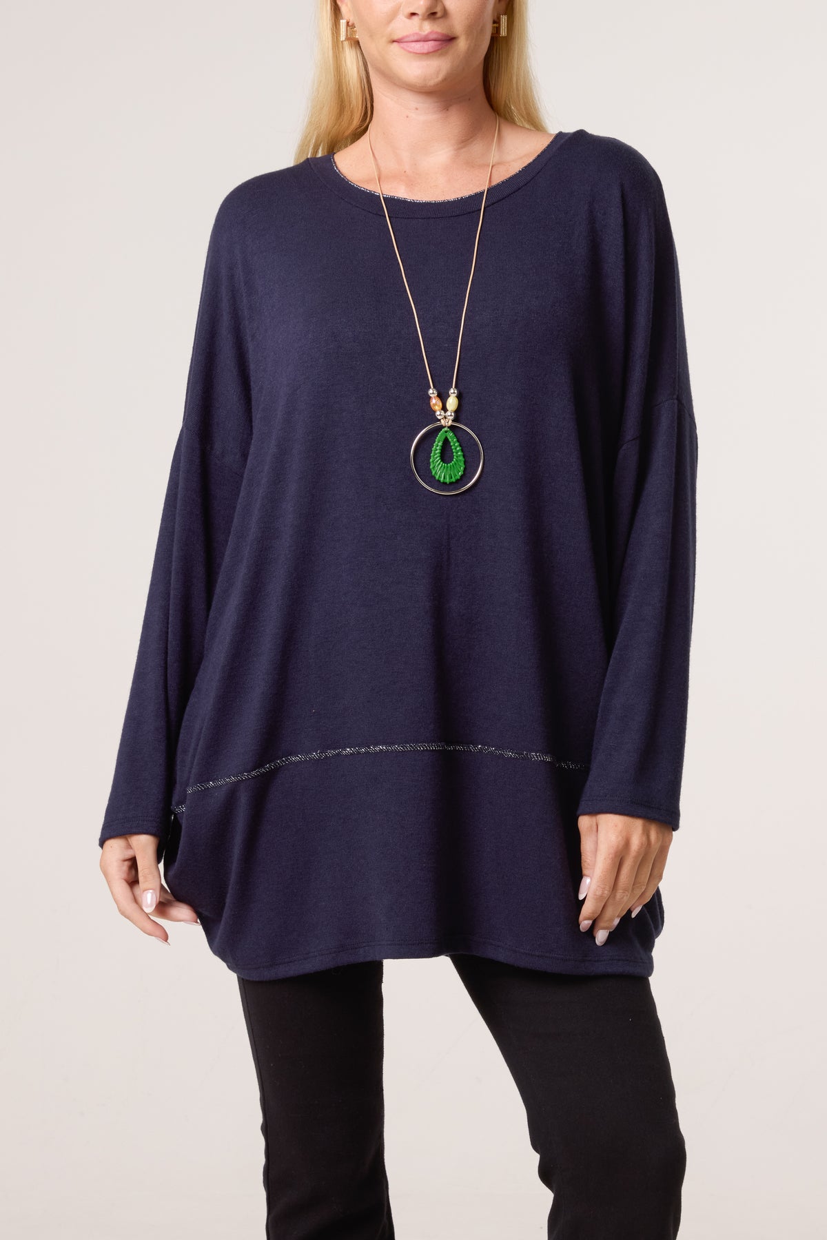 Necklace Lurex Trim Fine Knit Jumper