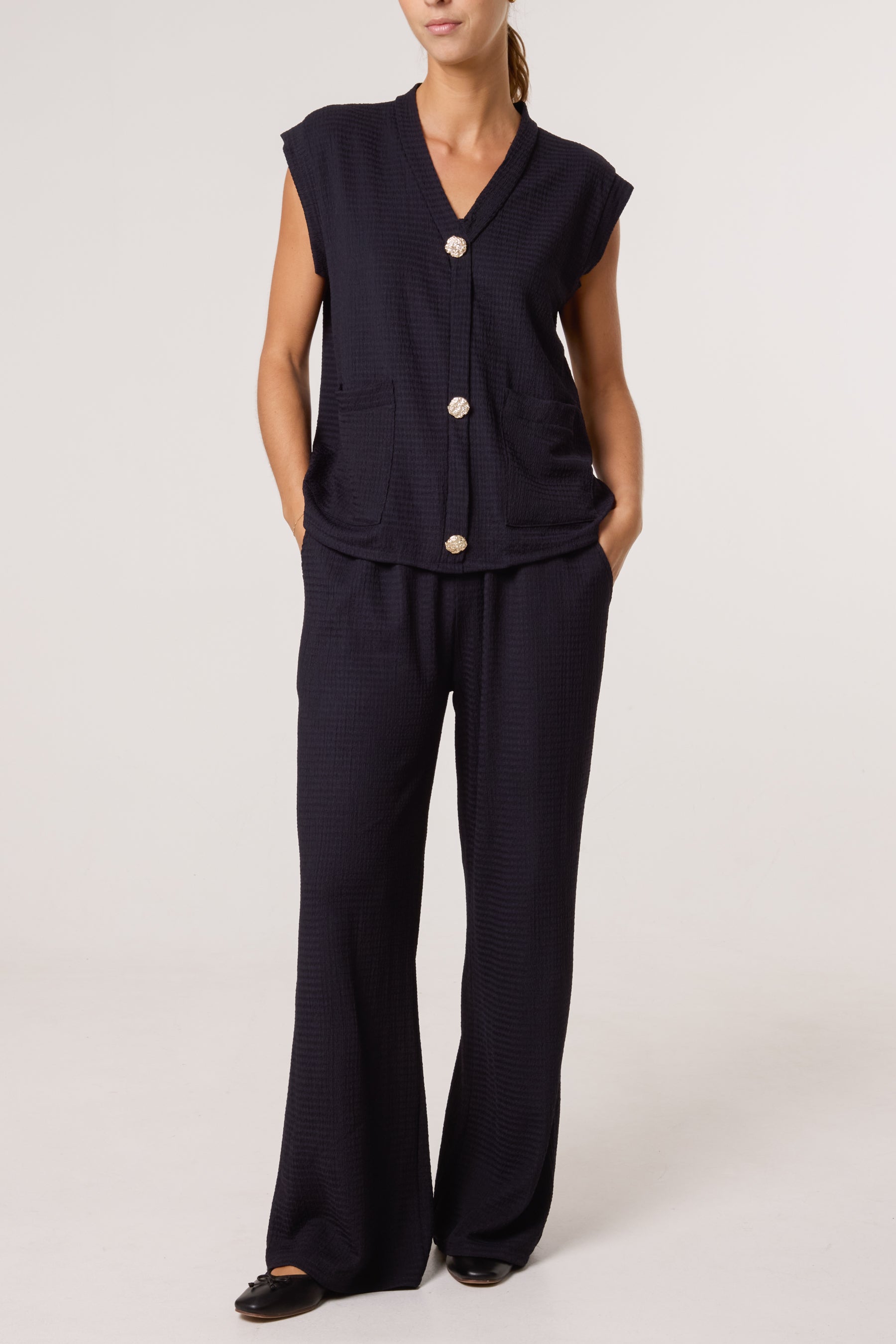 Front Button Top & Wide Leg Trousers Set