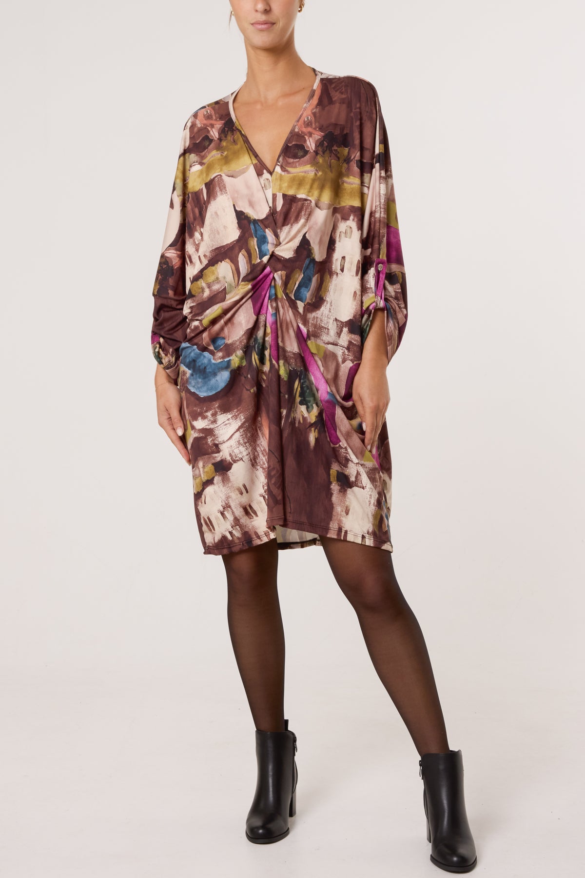 Landscape Print Twist Knot Mini Dress