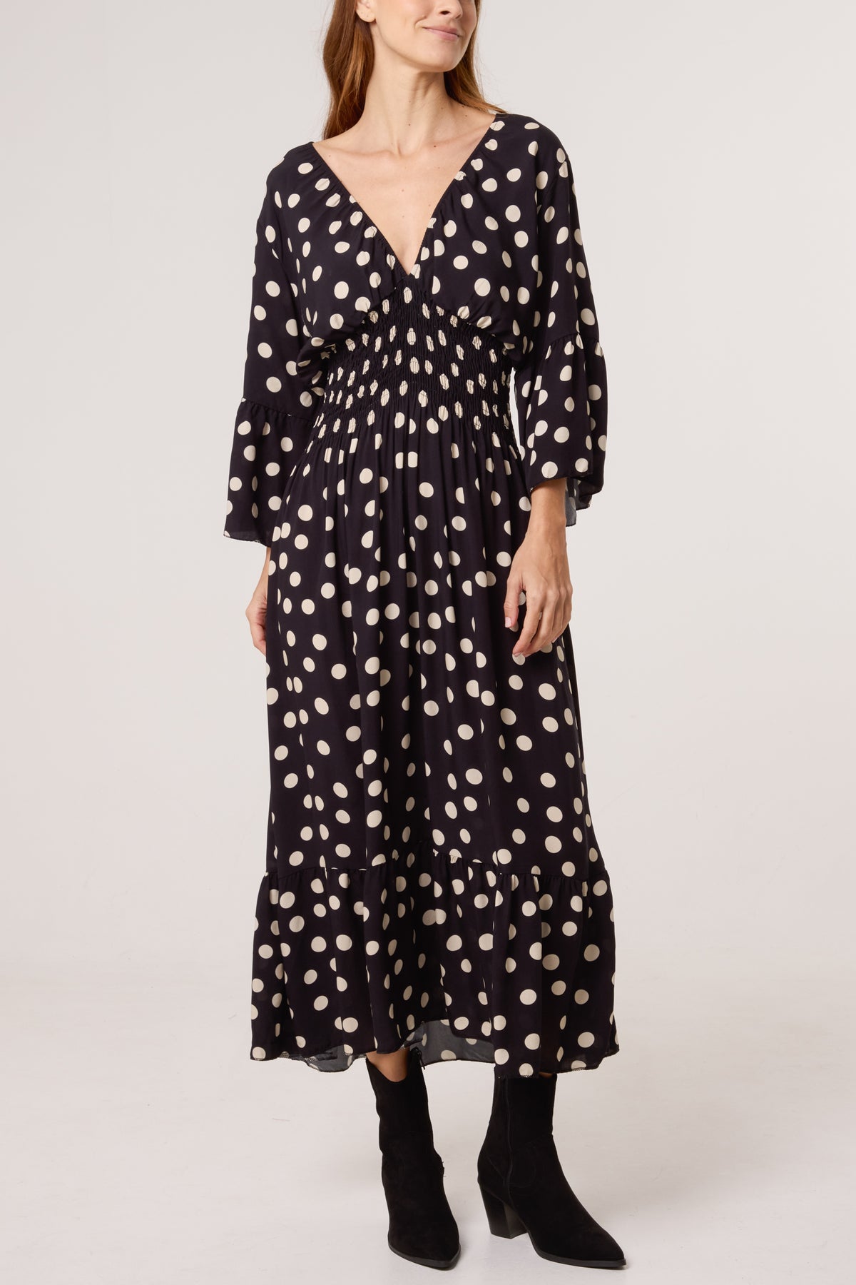 Polka Dot Shirred Waist Dress