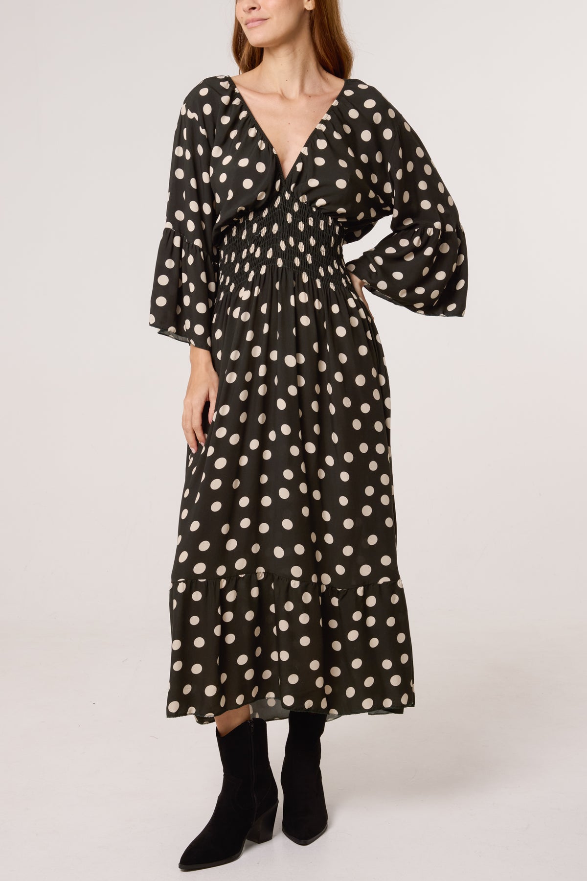 Polka Dot Shirred Waist Dress