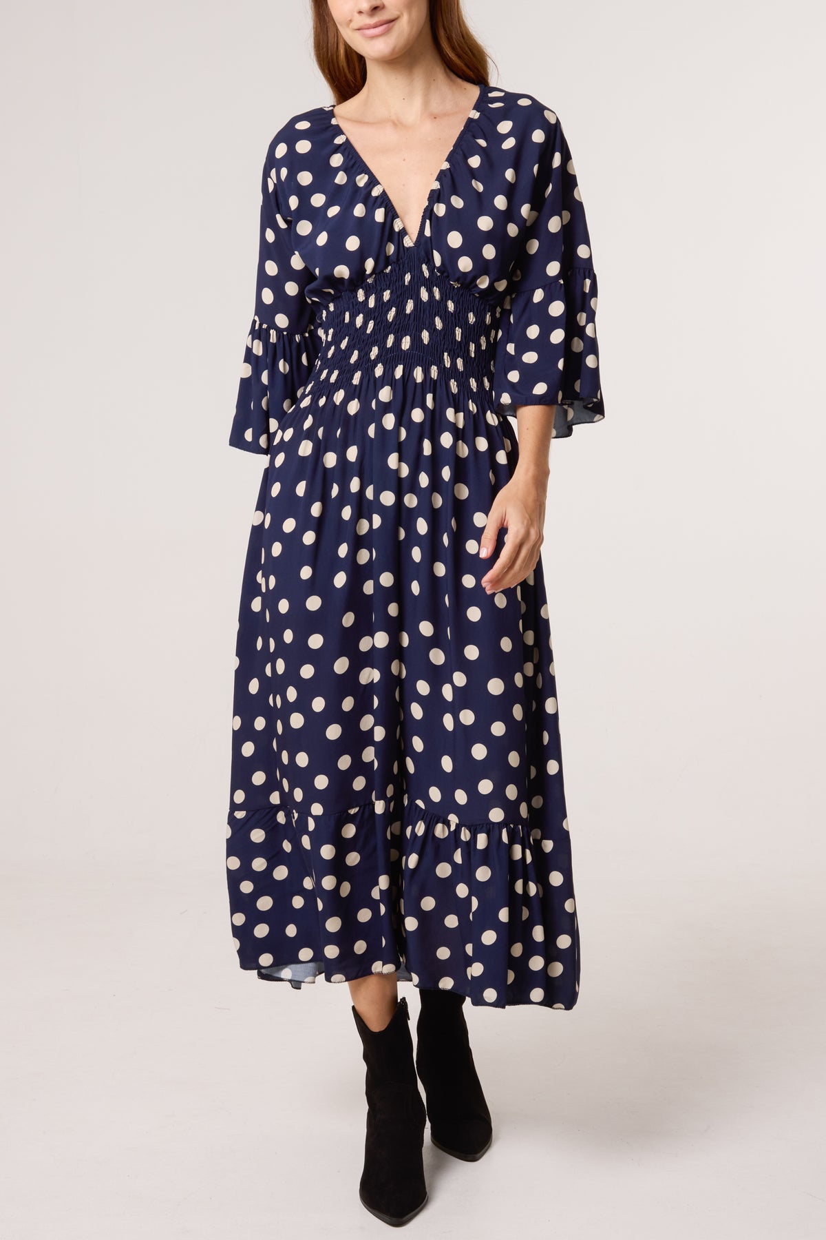 Polka Dot Shirred Waist Dress