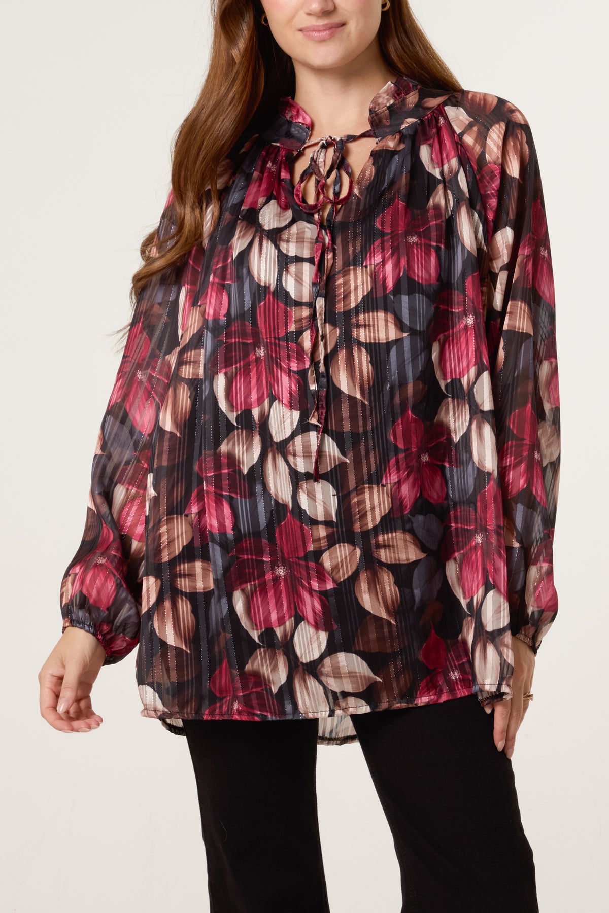 Lurex Floral High Neck Blouse
