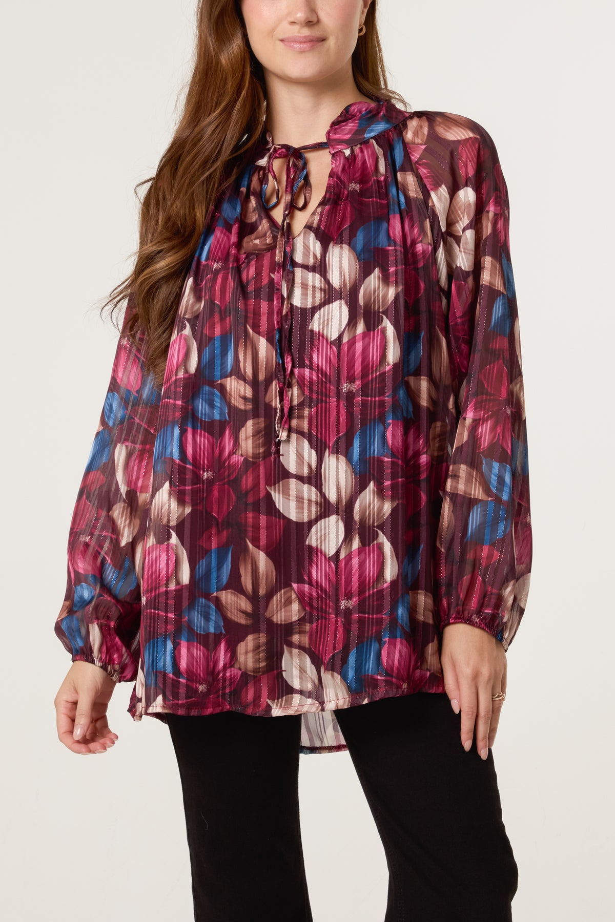 Lurex Floral High Neck Blouse