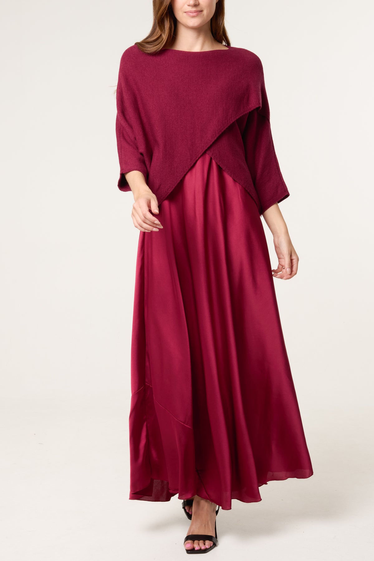 Open Knit Top & Satin Dress Set