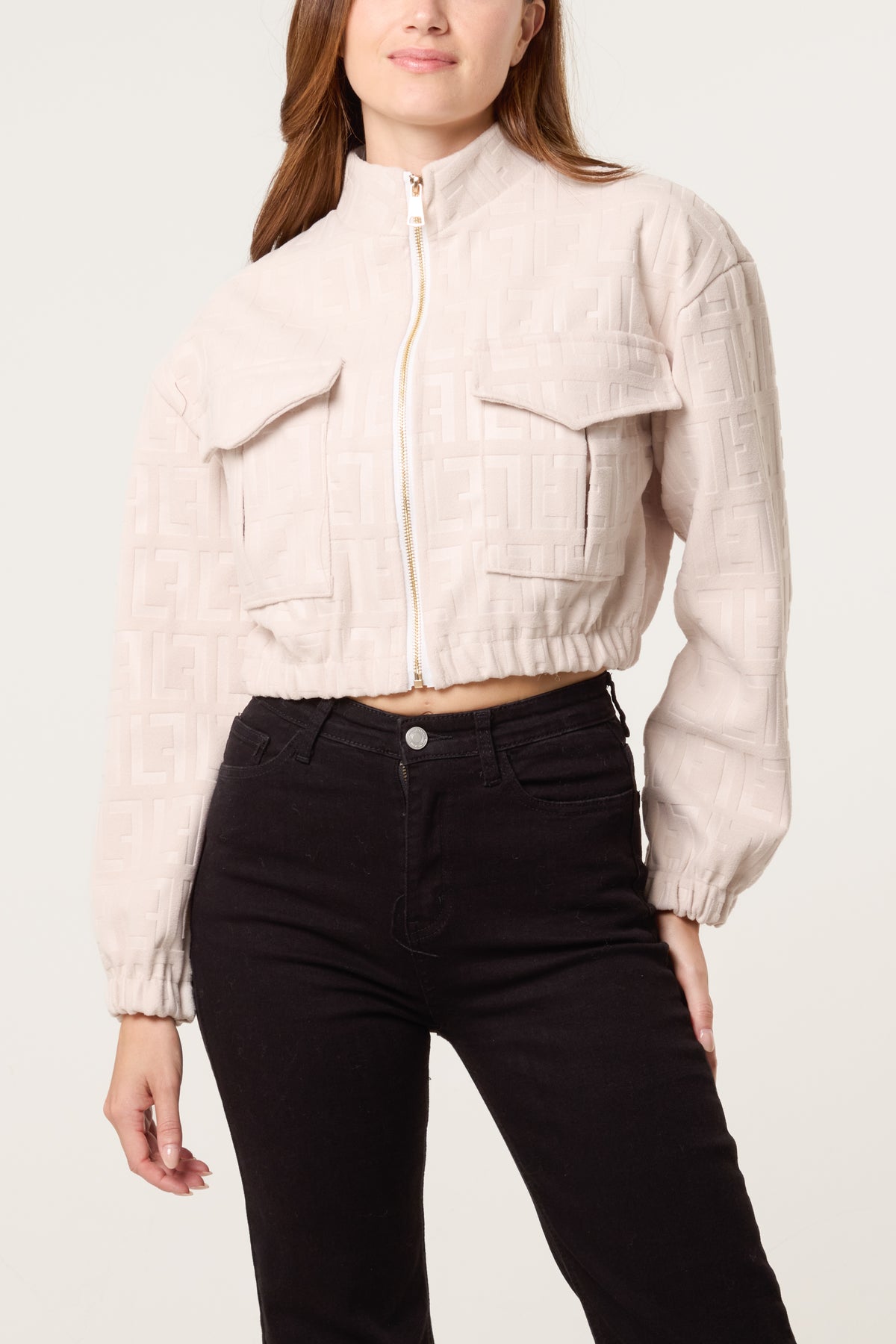 Patterned Wool Like Cropped Bomber