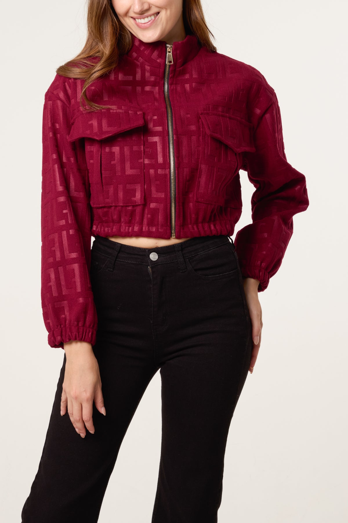Patterned Wool Like Cropped Bomber