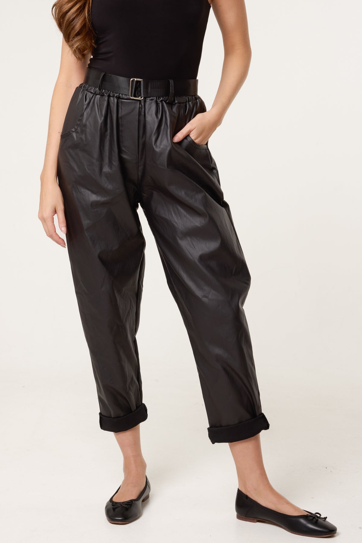 Belted PU Coated Barrel Leg Trousers