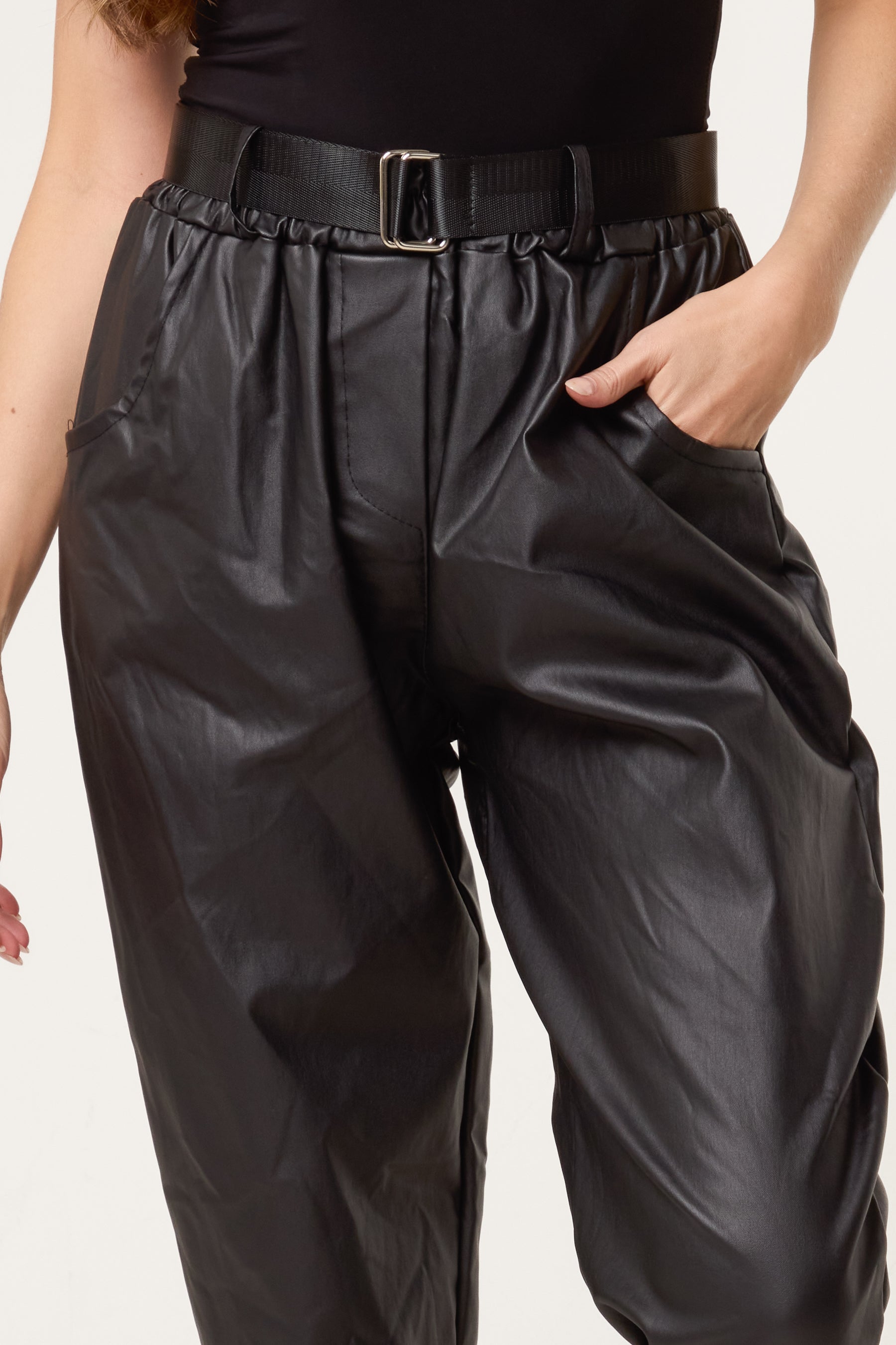 Belted PU Coated Barrel Leg Trousers