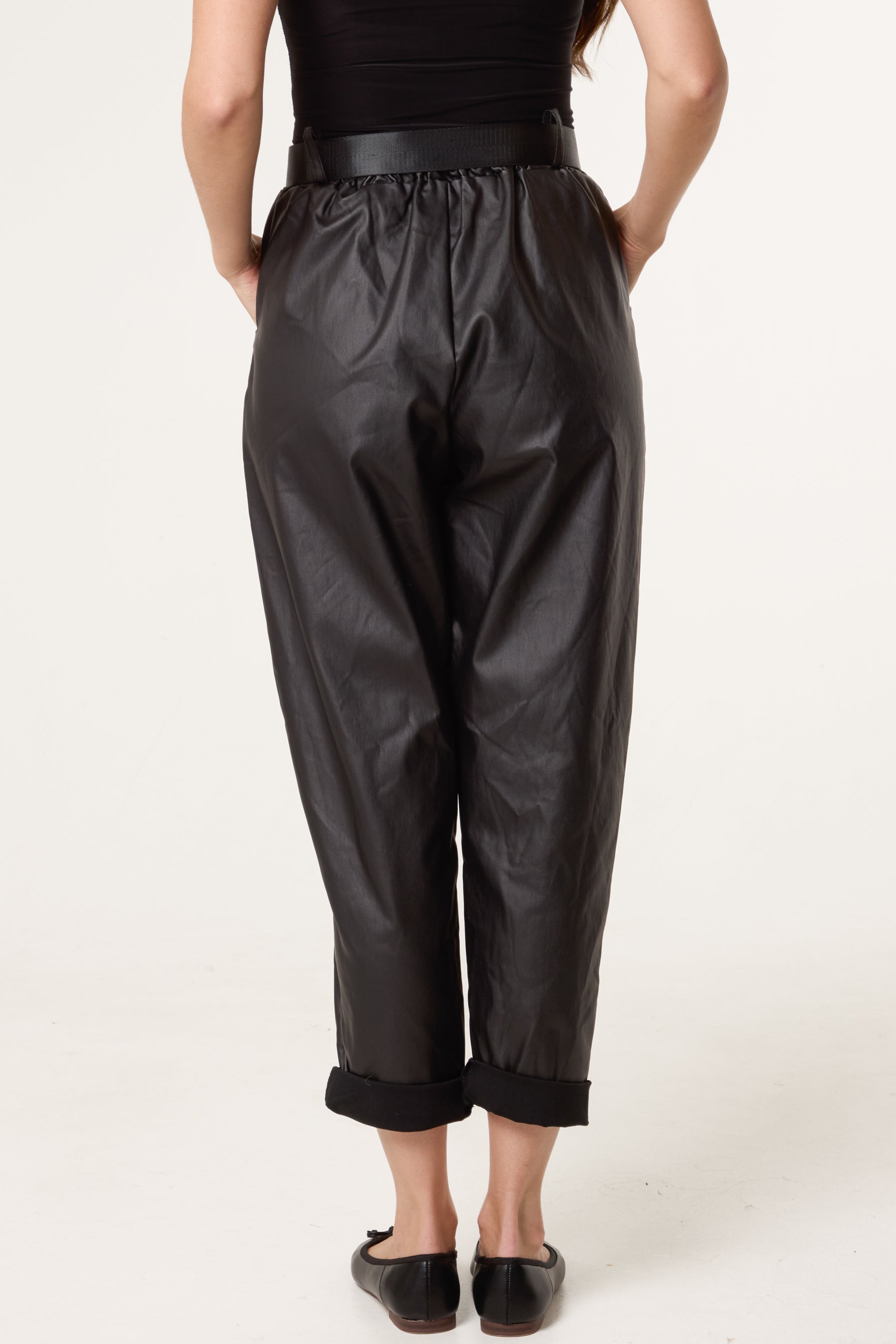 Belted PU Coated Barrel Leg Trousers