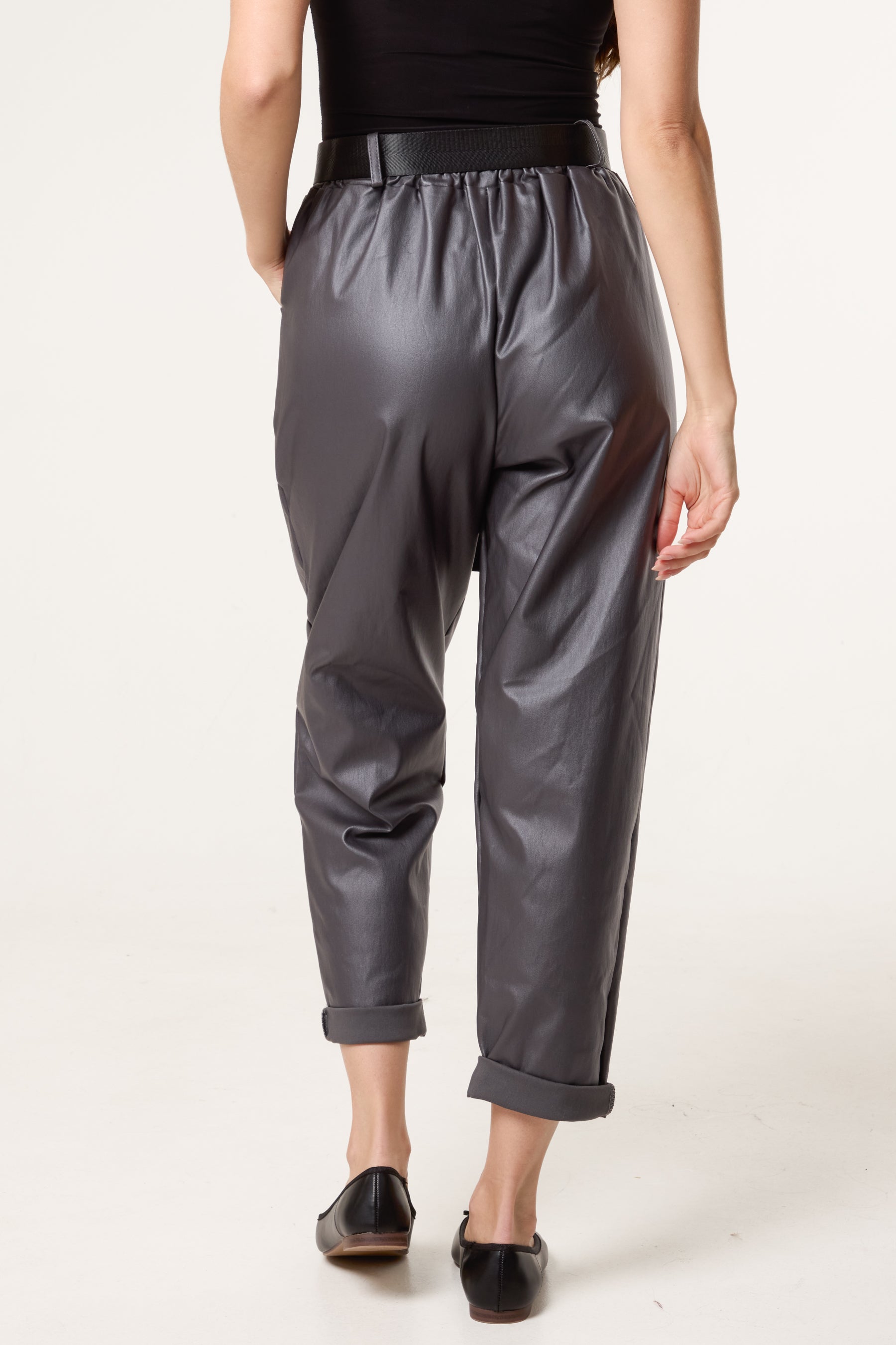 Belted PU Coated Barrel Leg Trousers