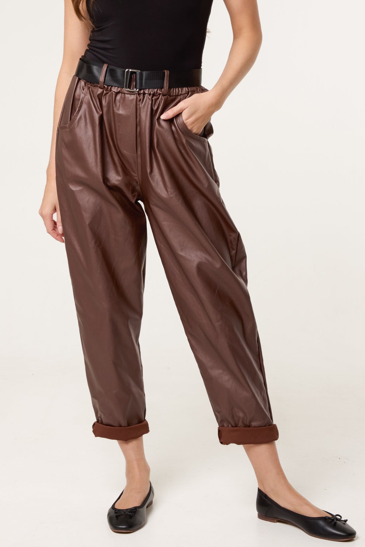 Belted PU Coated Barrel Leg Trousers