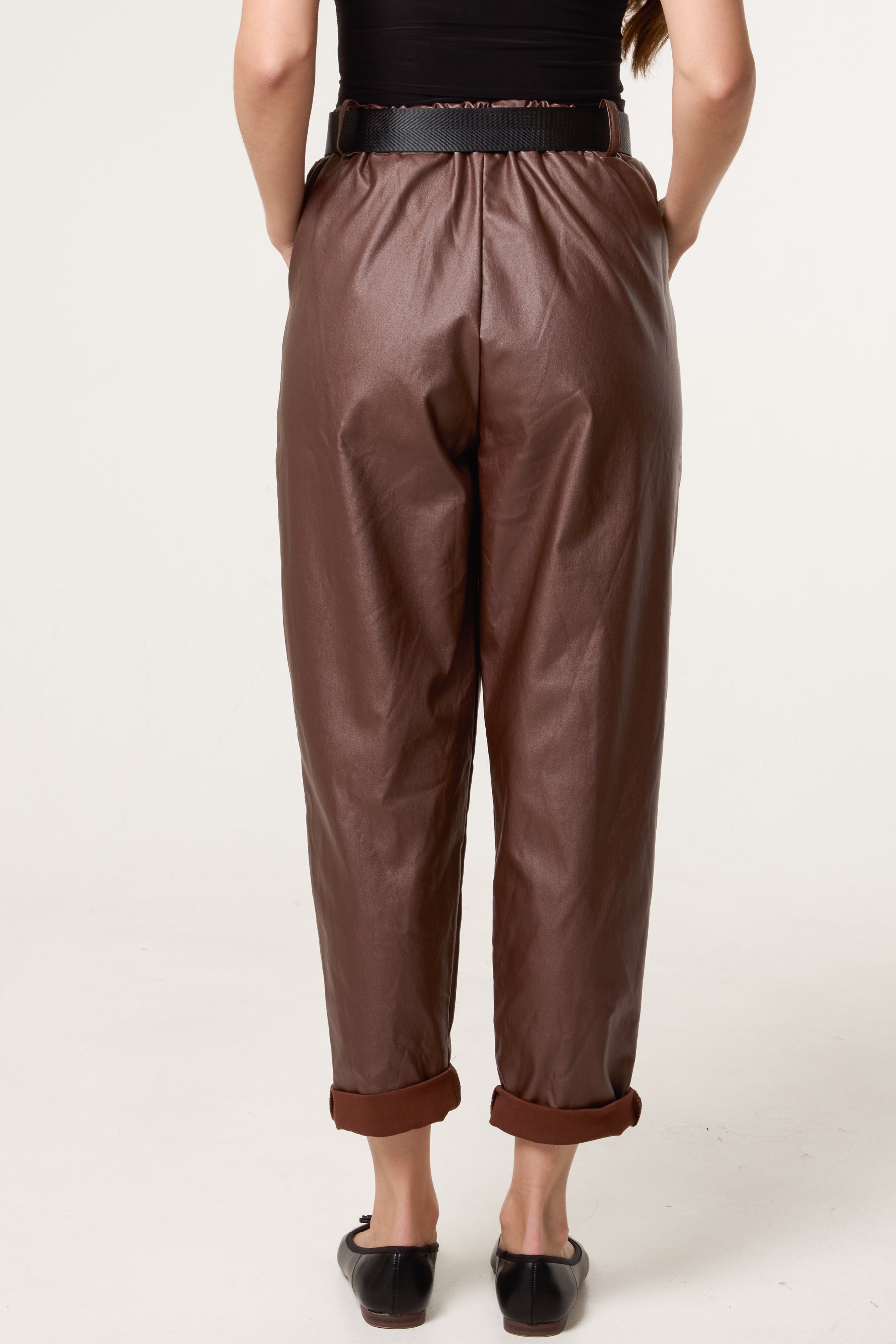 Belted PU Coated Barrel Leg Trousers