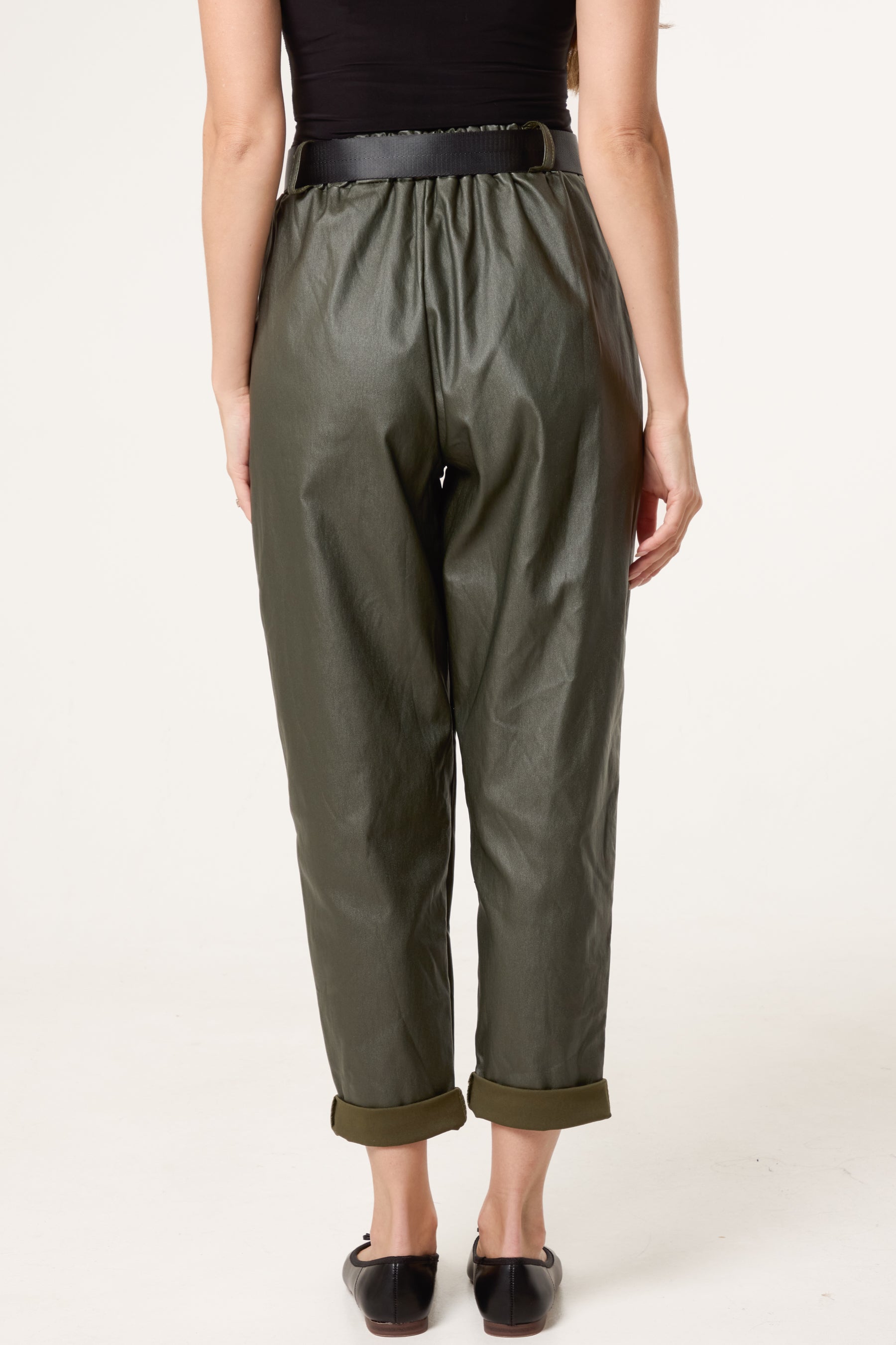 Belted PU Coated Barrel Leg Trousers