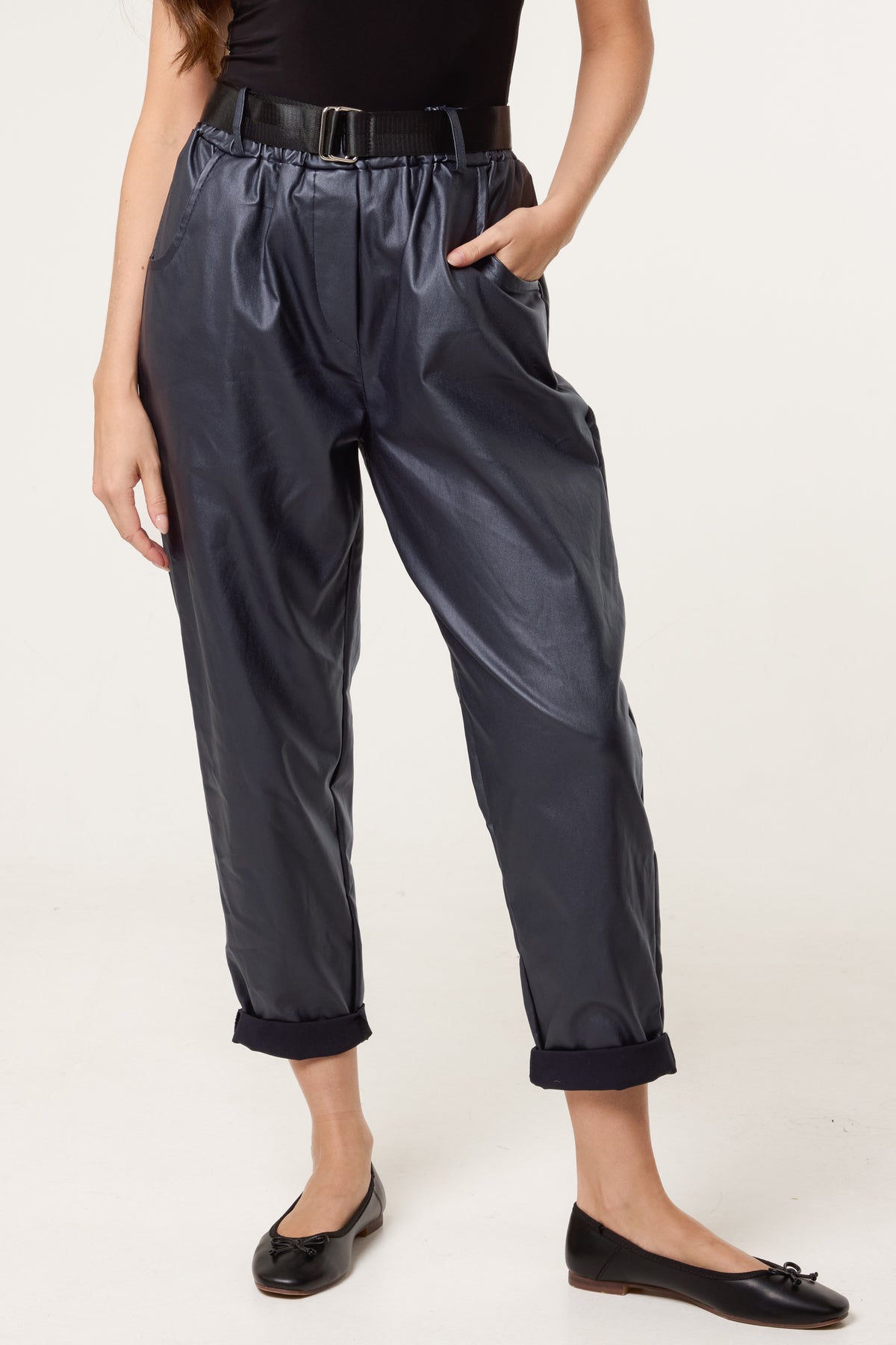 Belted PU Coated Barrel Leg Trousers