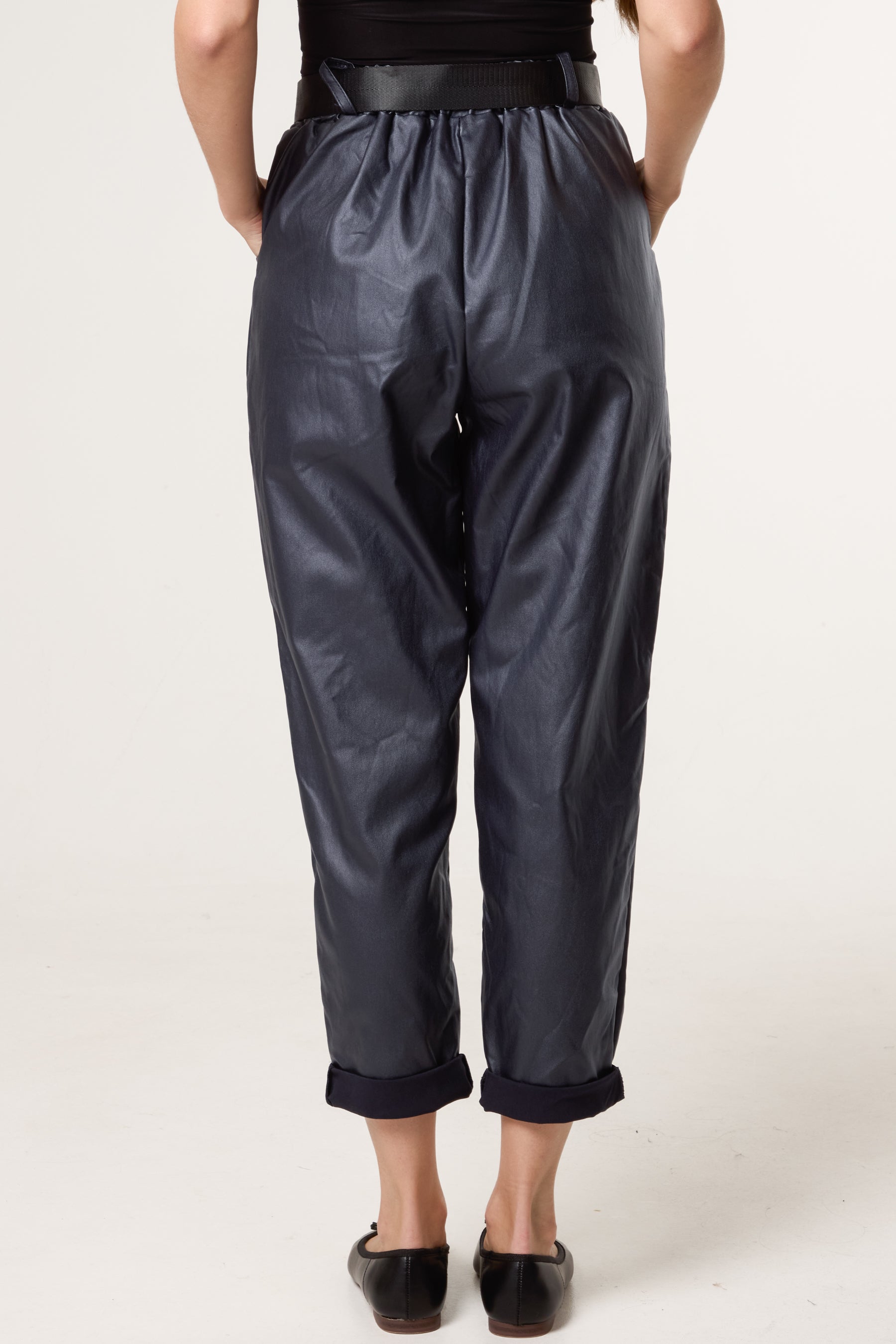 Belted PU Coated Barrel Leg Trousers