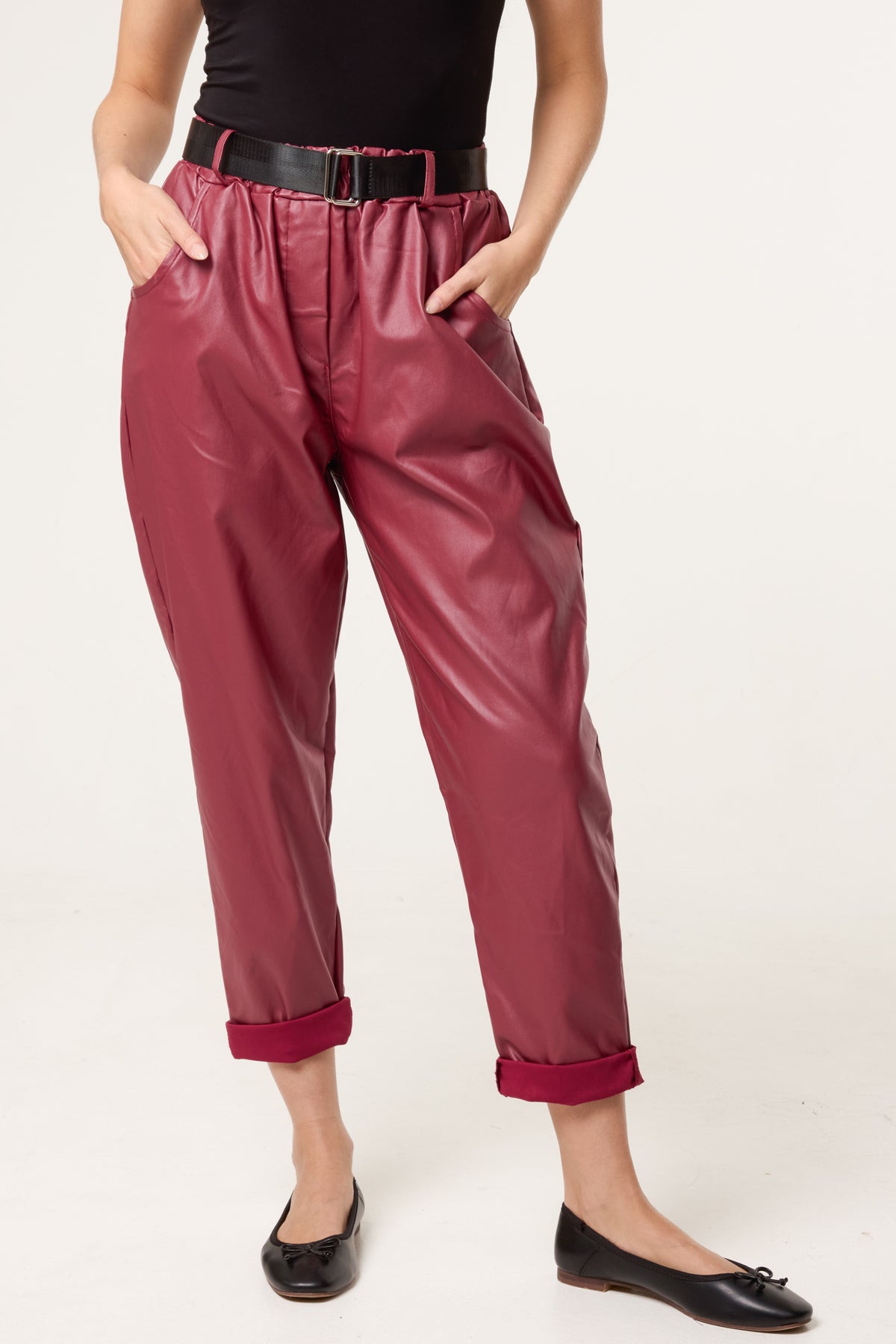 Belted PU Coated Barrel Leg Trousers
