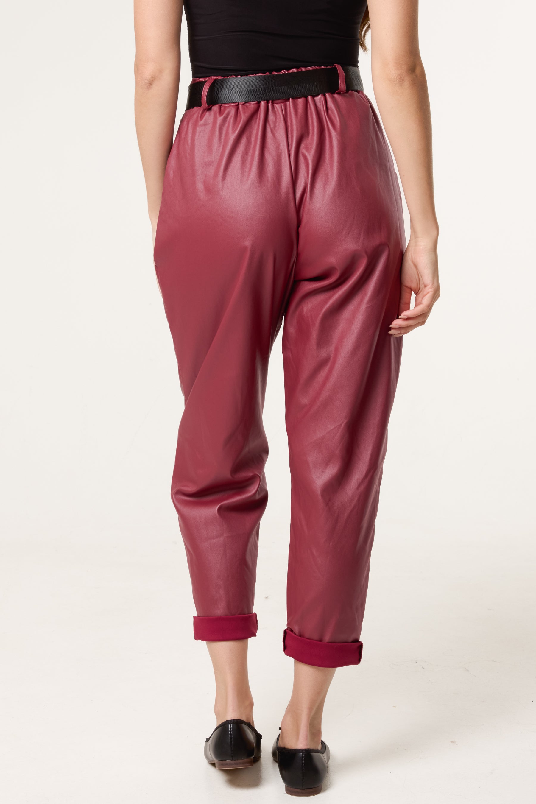 Belted PU Coated Barrel Leg Trousers