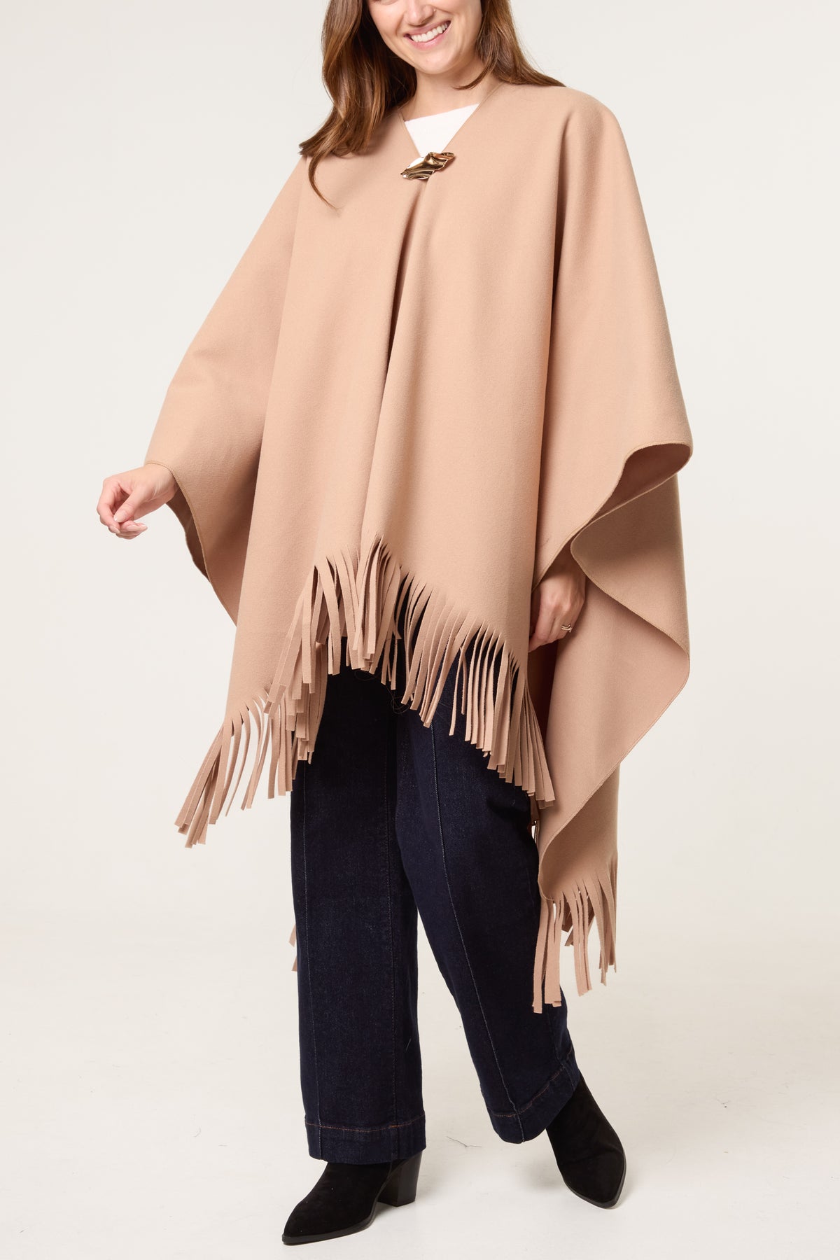 Brooch Fringe Hem Cape
