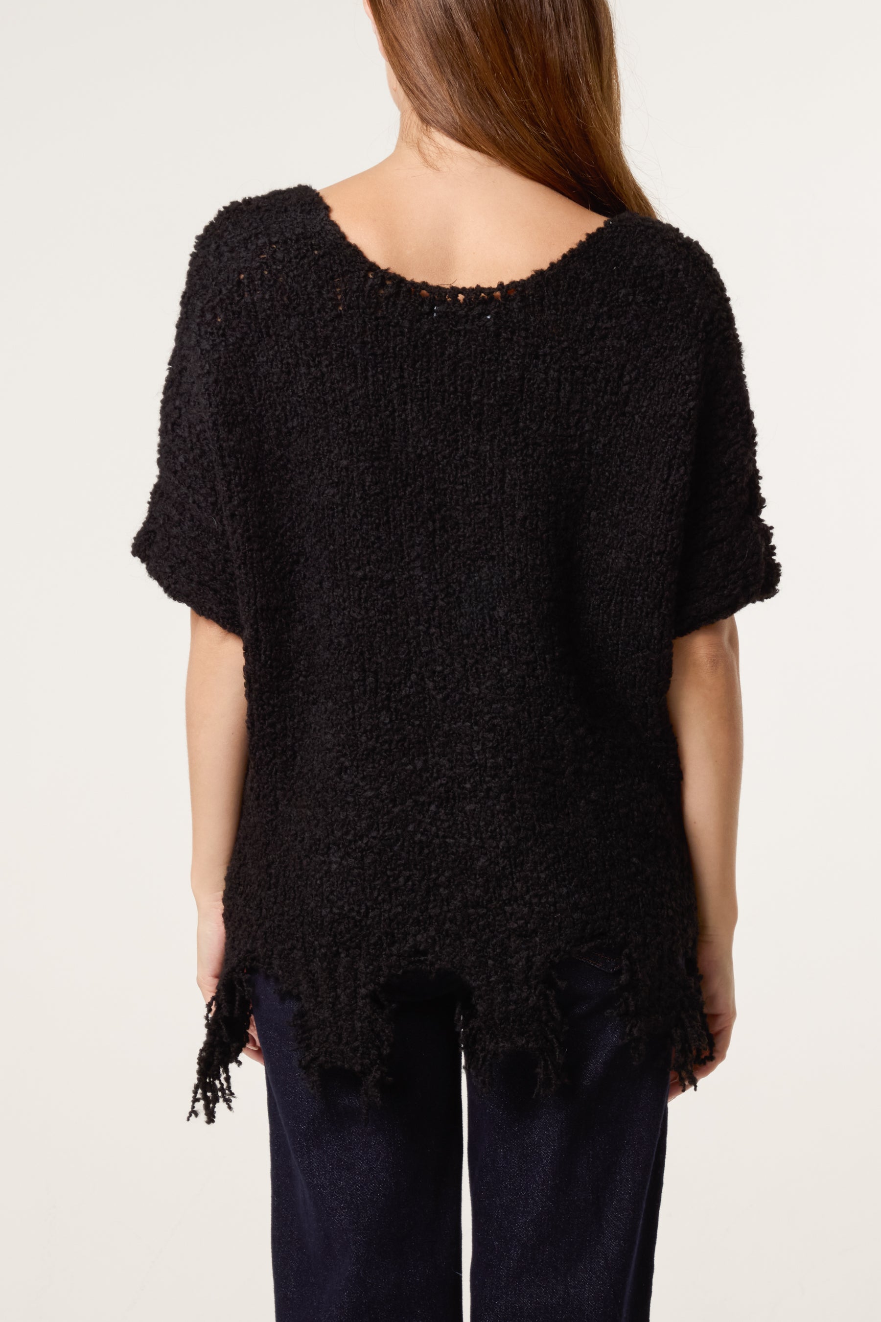 Boucle V-Neck Distress Hem Knit Top