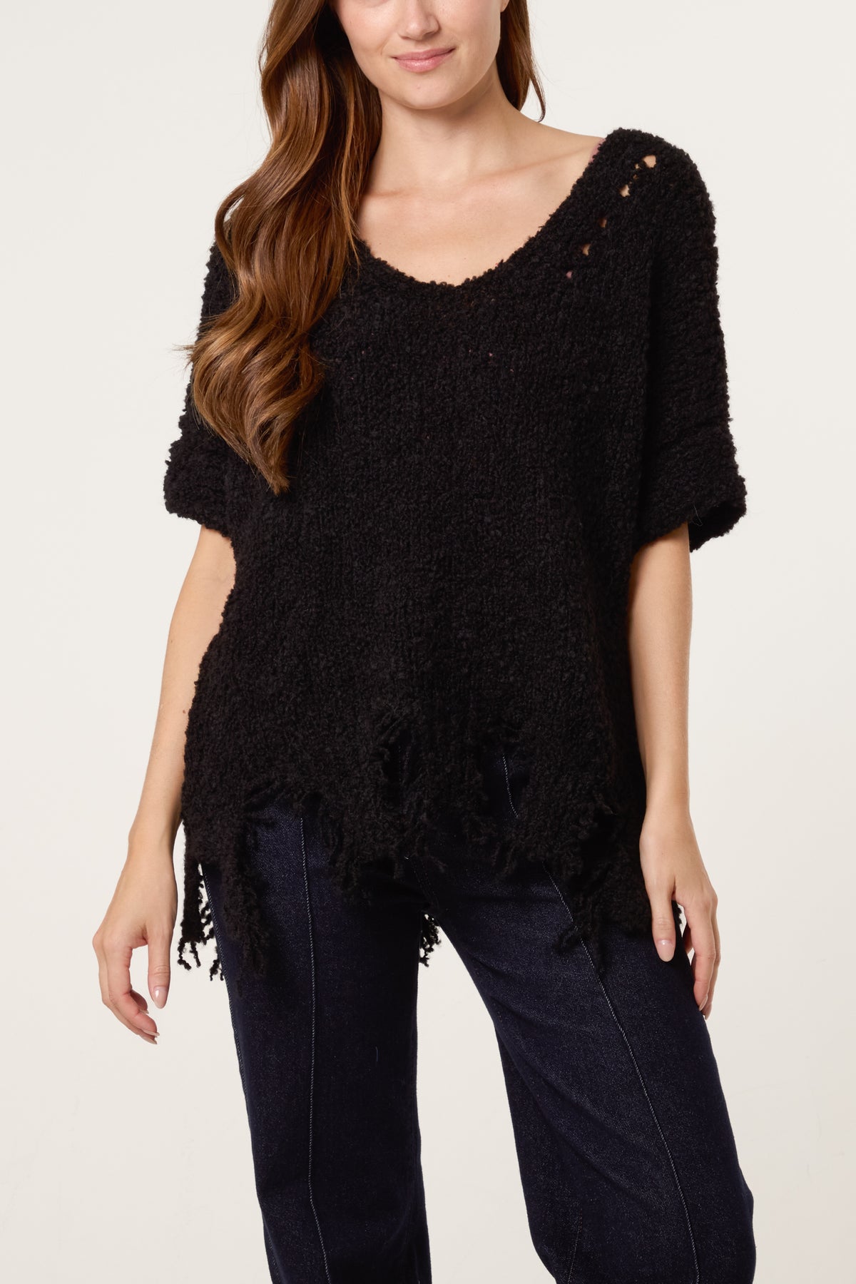 Boucle V-Neck Distress Hem Knit Top