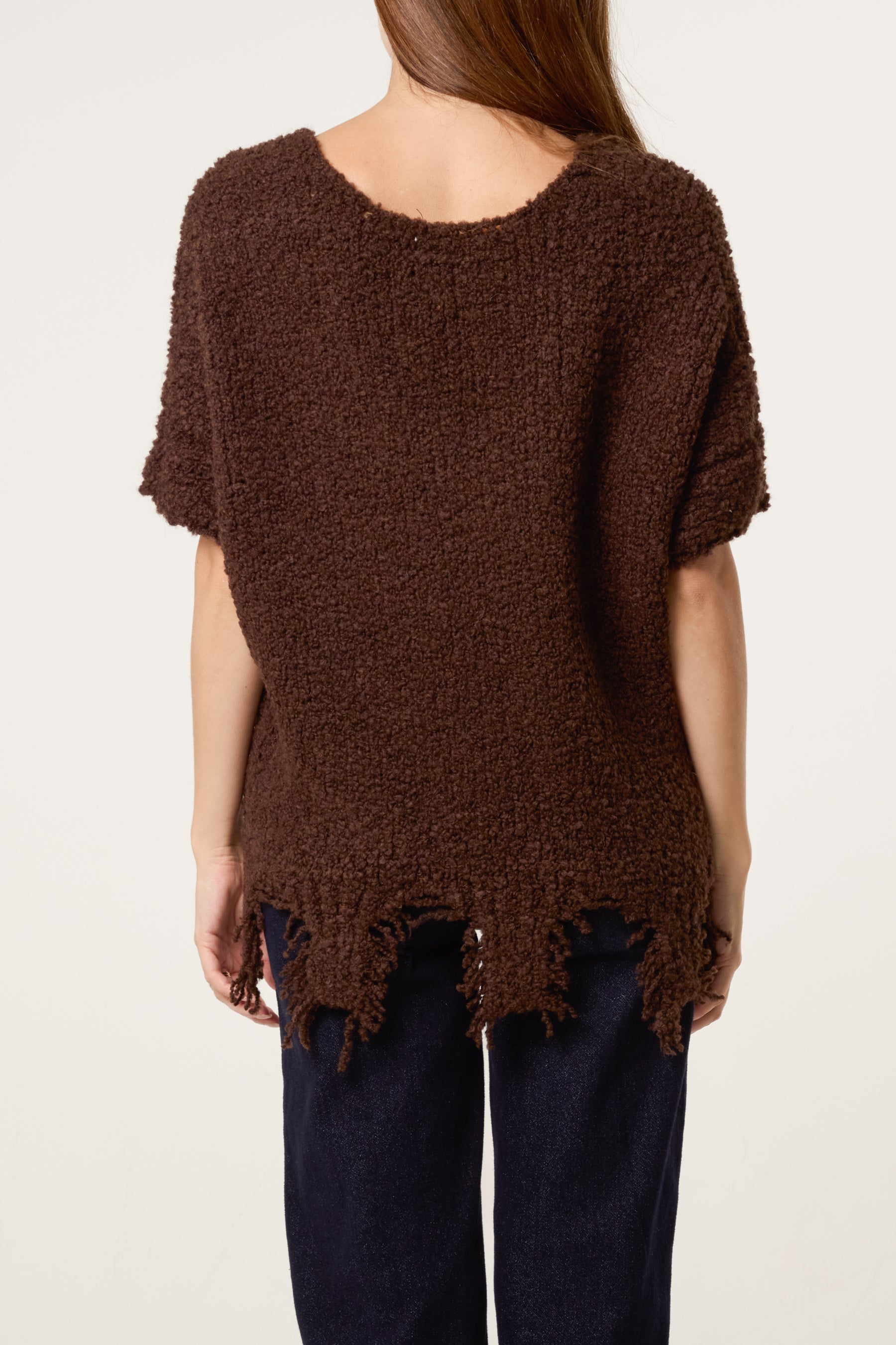 Boucle V-Neck Distress Hem Knit Top