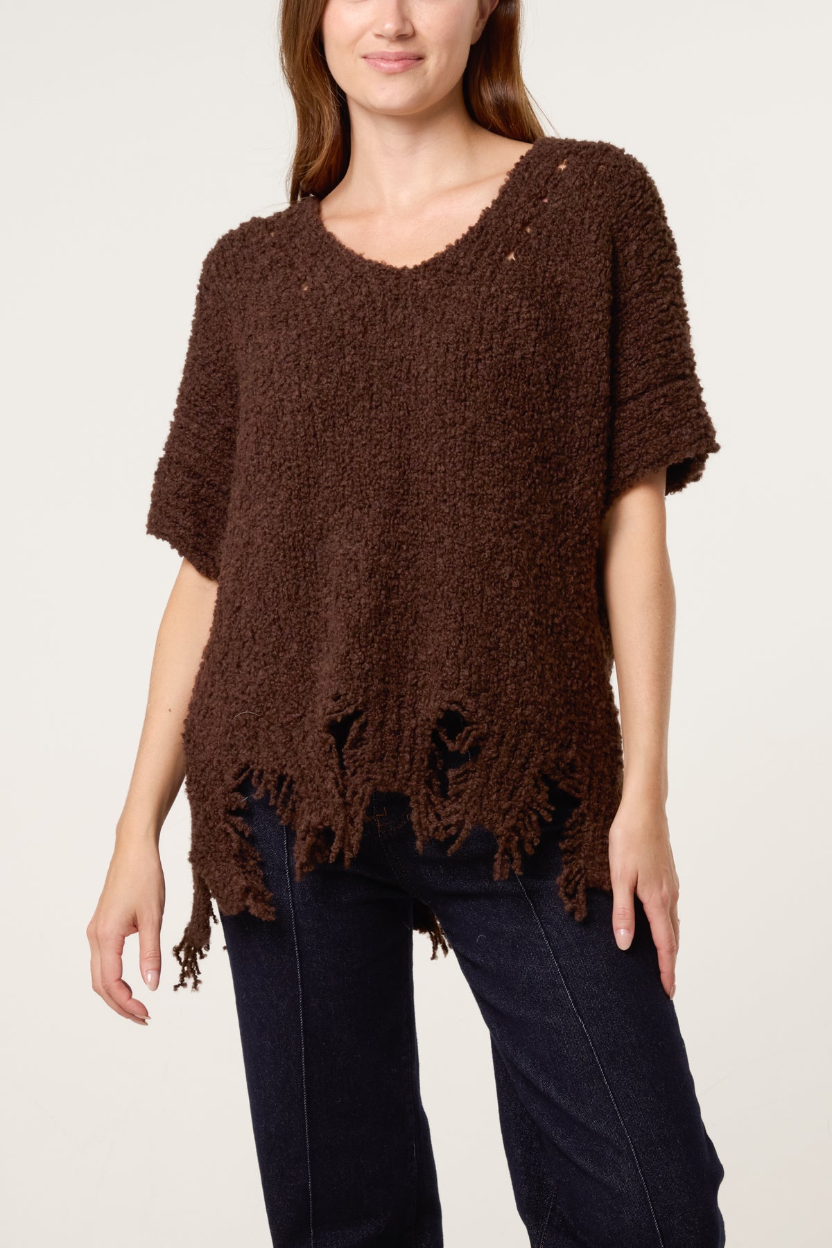 Boucle V-Neck Distress Hem Knit Top
