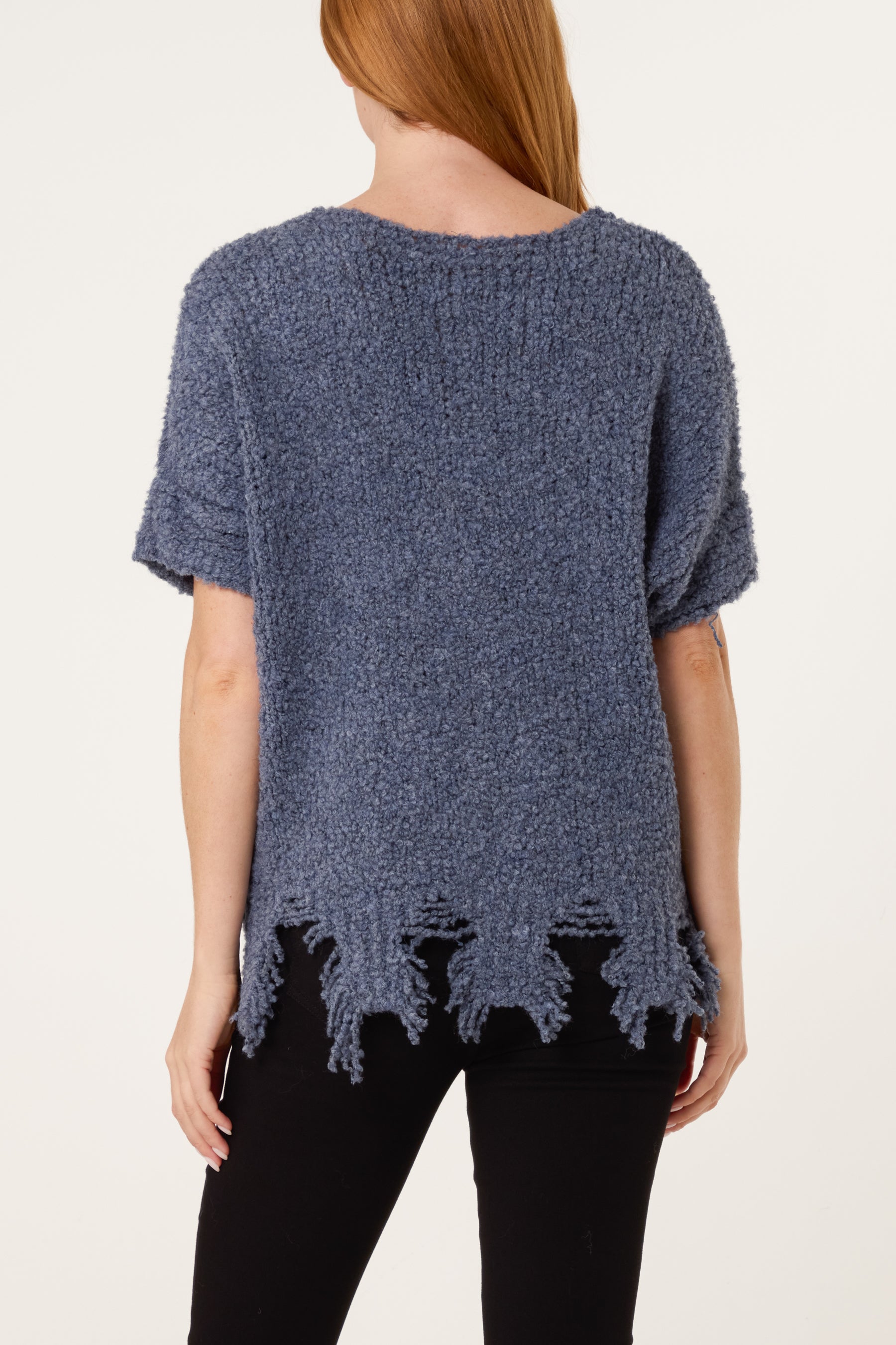 Boucle V-Neck Distress Hem Knit Top