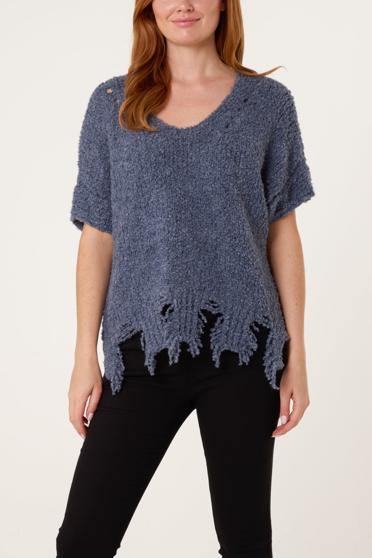 Boucle V-Neck Distress Hem Knit Top