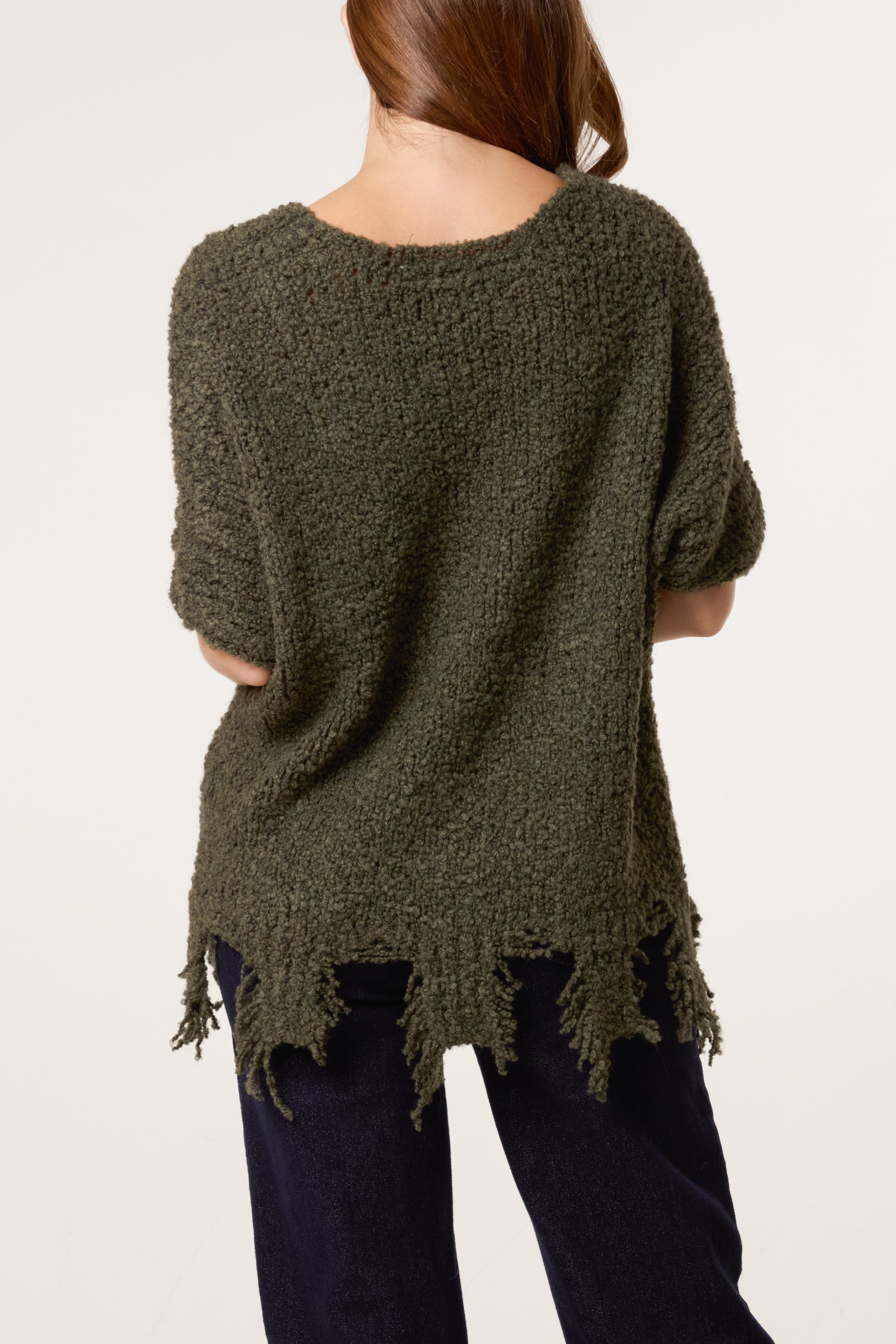 Boucle V-Neck Distress Hem Knit Top