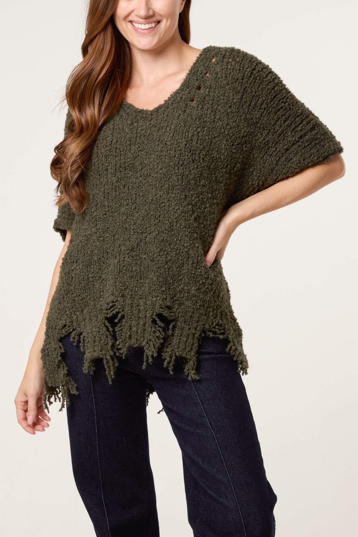 Boucle V-Neck Distress Hem Knit Top