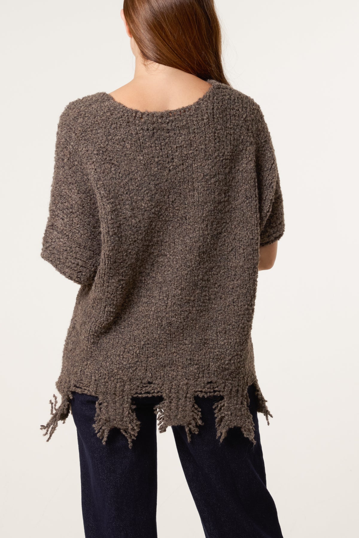 Boucle V-Neck Distress Hem Knit Top