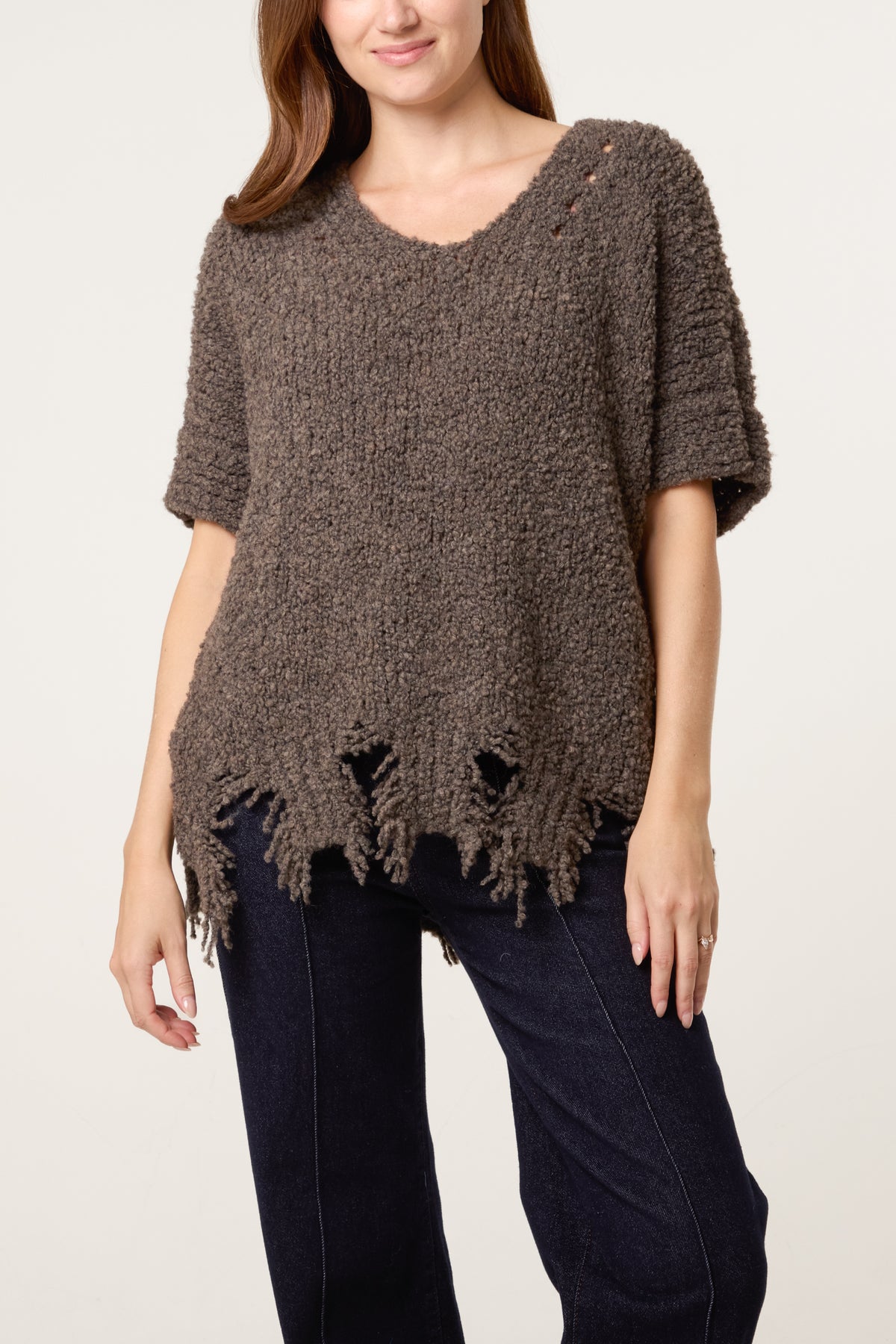 Boucle V-Neck Distress Hem Knit Top
