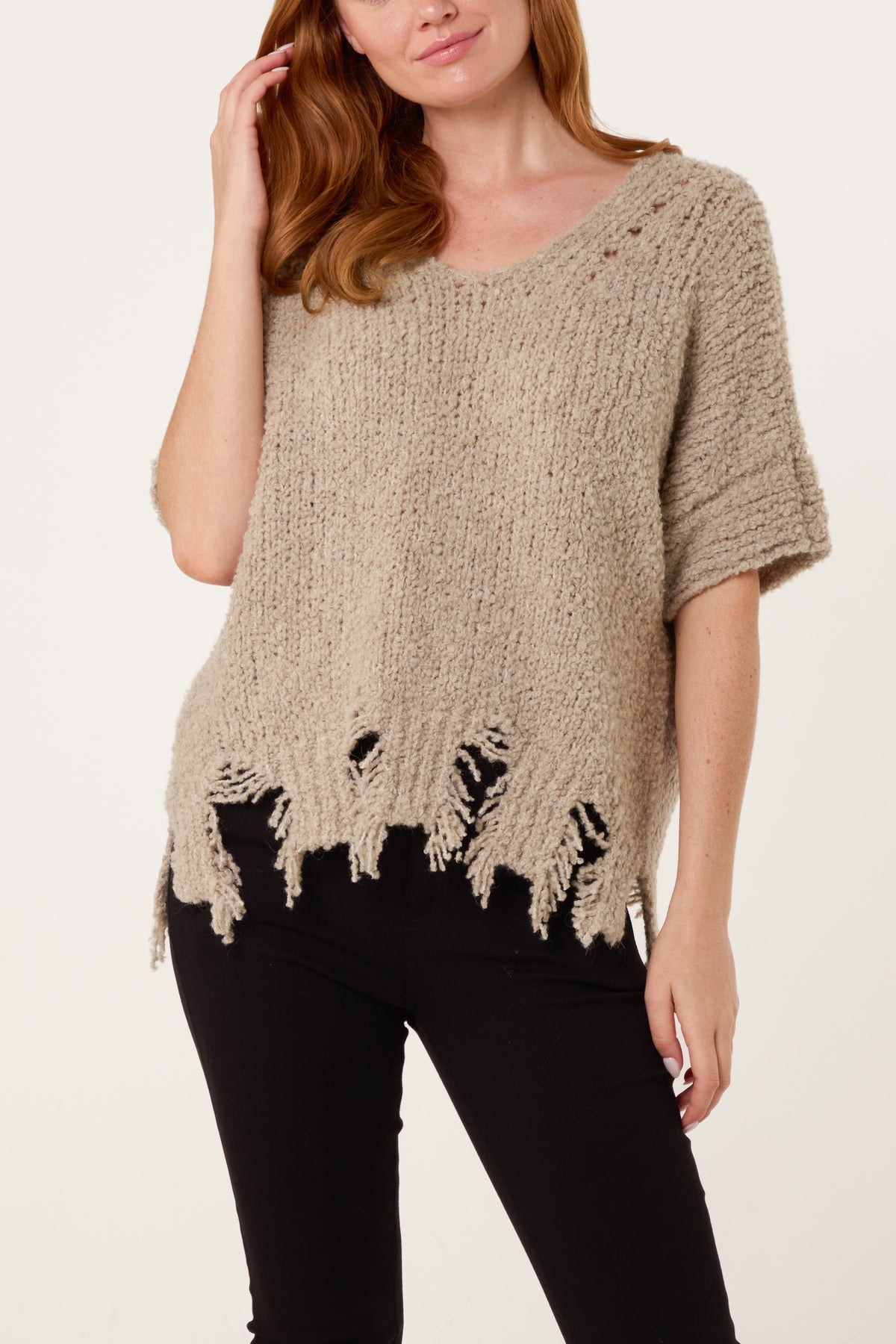 Boucle V-Neck Distress Hem Knit Top