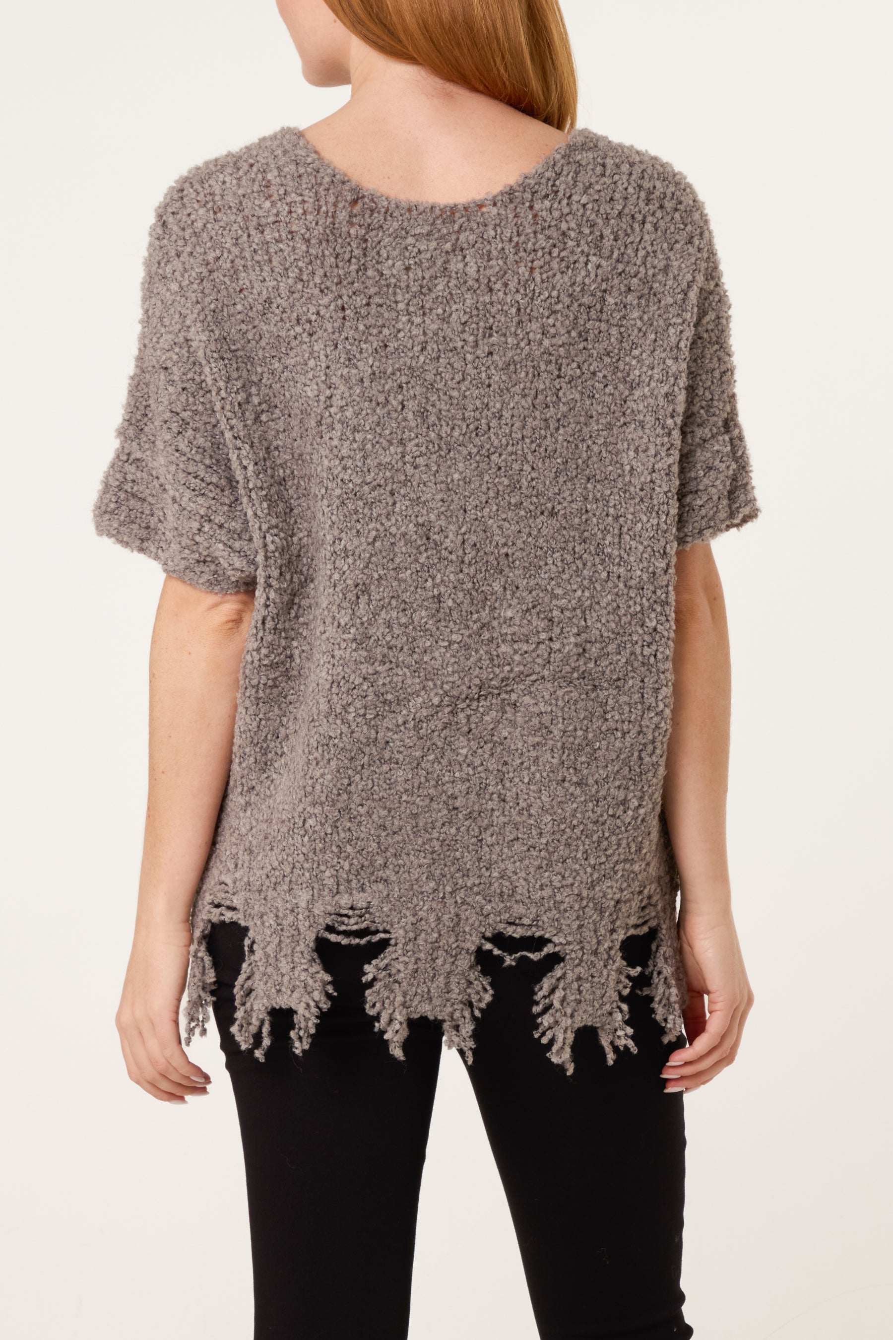 Boucle V-Neck Distress Hem Knit Top