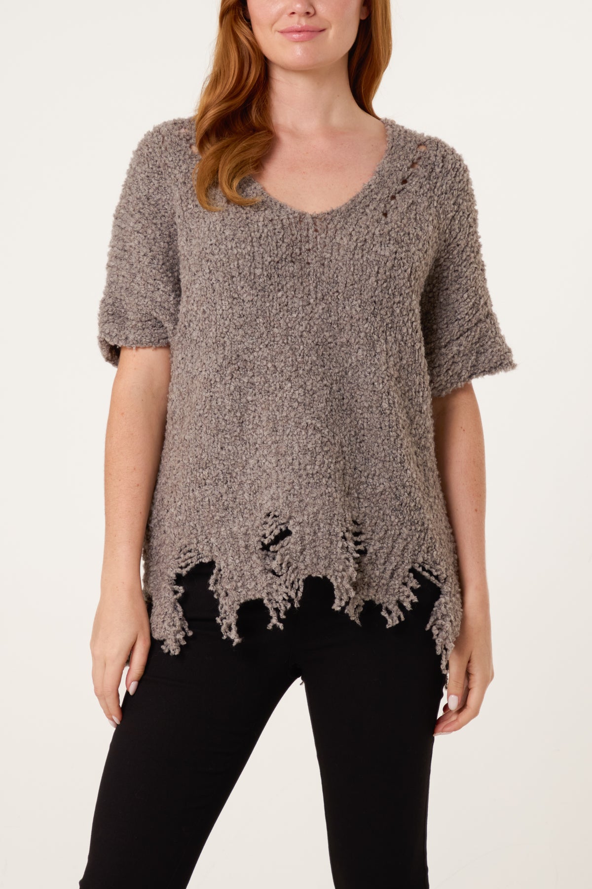 Boucle V-Neck Distress Hem Knit Top