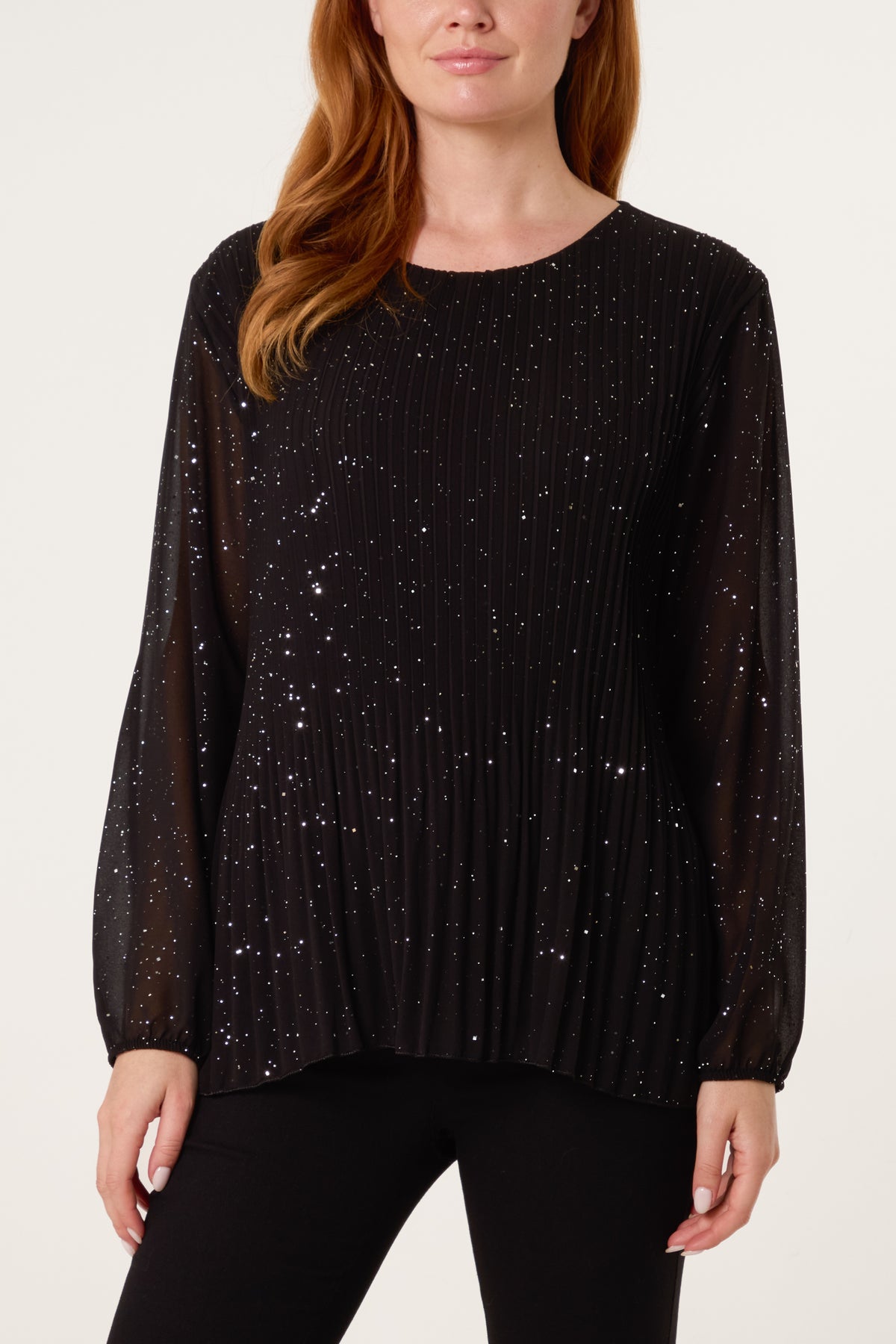 Glitter Pleated Long Sleeve Blouse