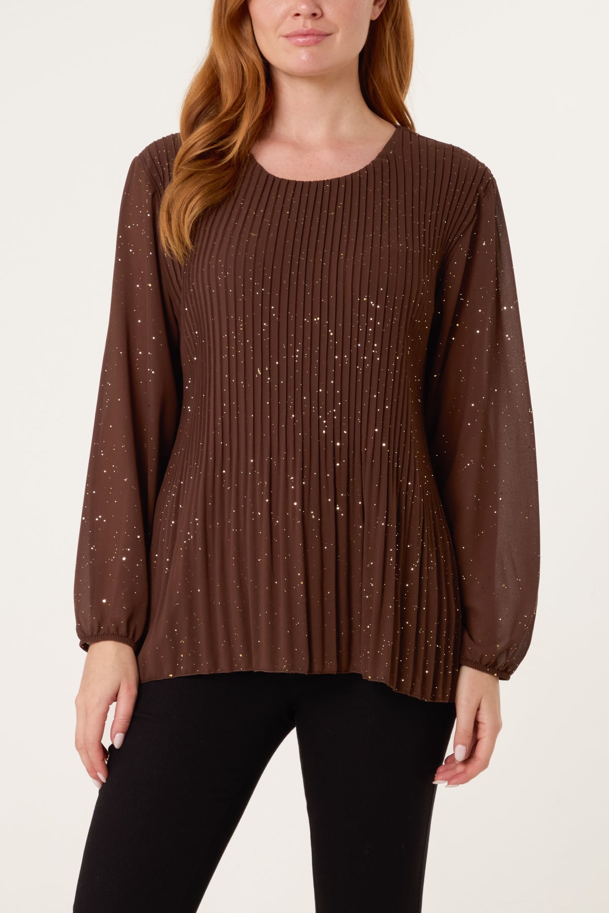 Glitter Pleated Long Sleeve Blouse