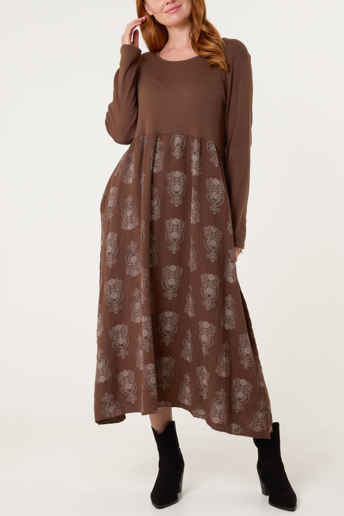 Ribbed Long Sleeve Mandala Dress