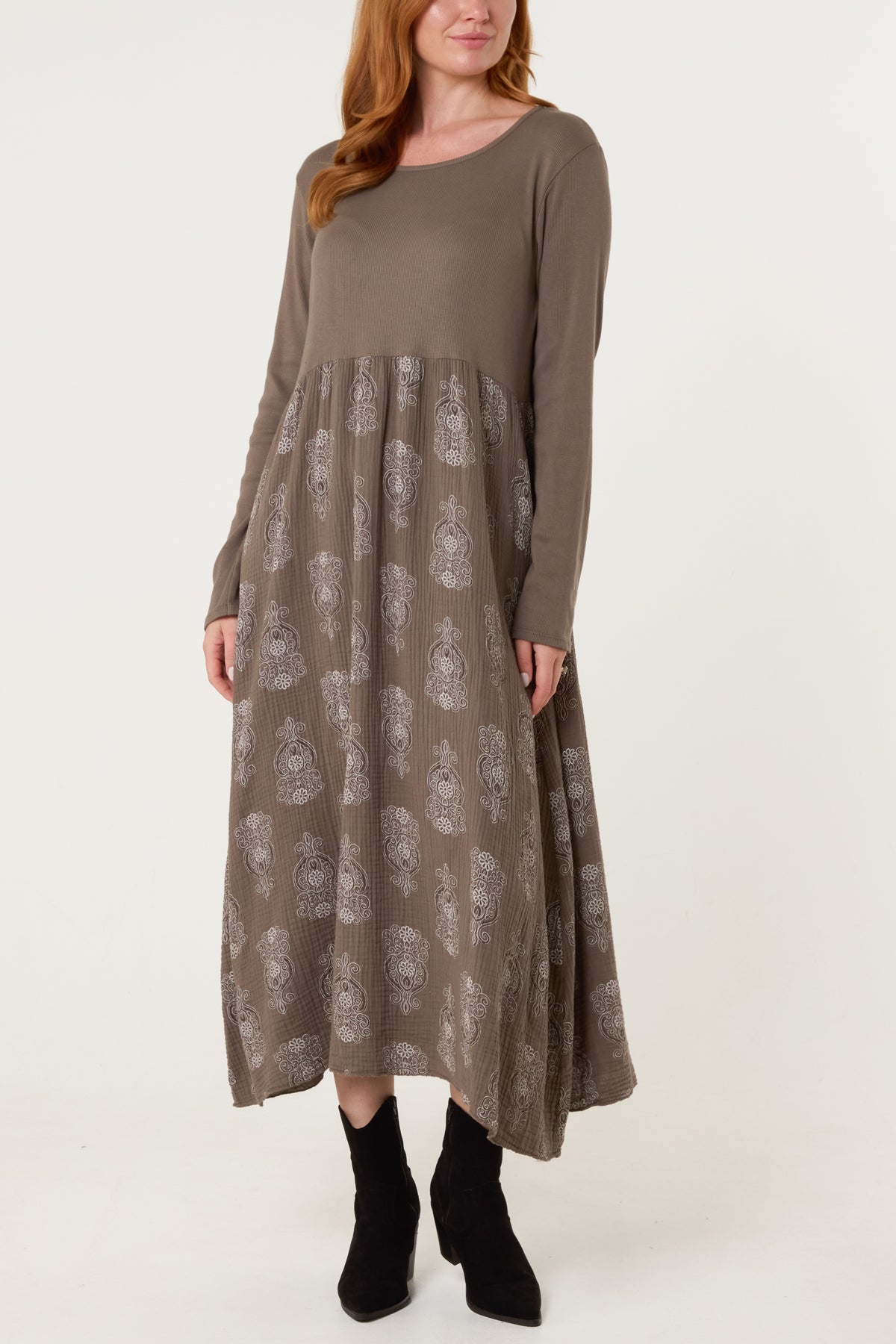 Ribbed Long Sleeve Mandala Dress