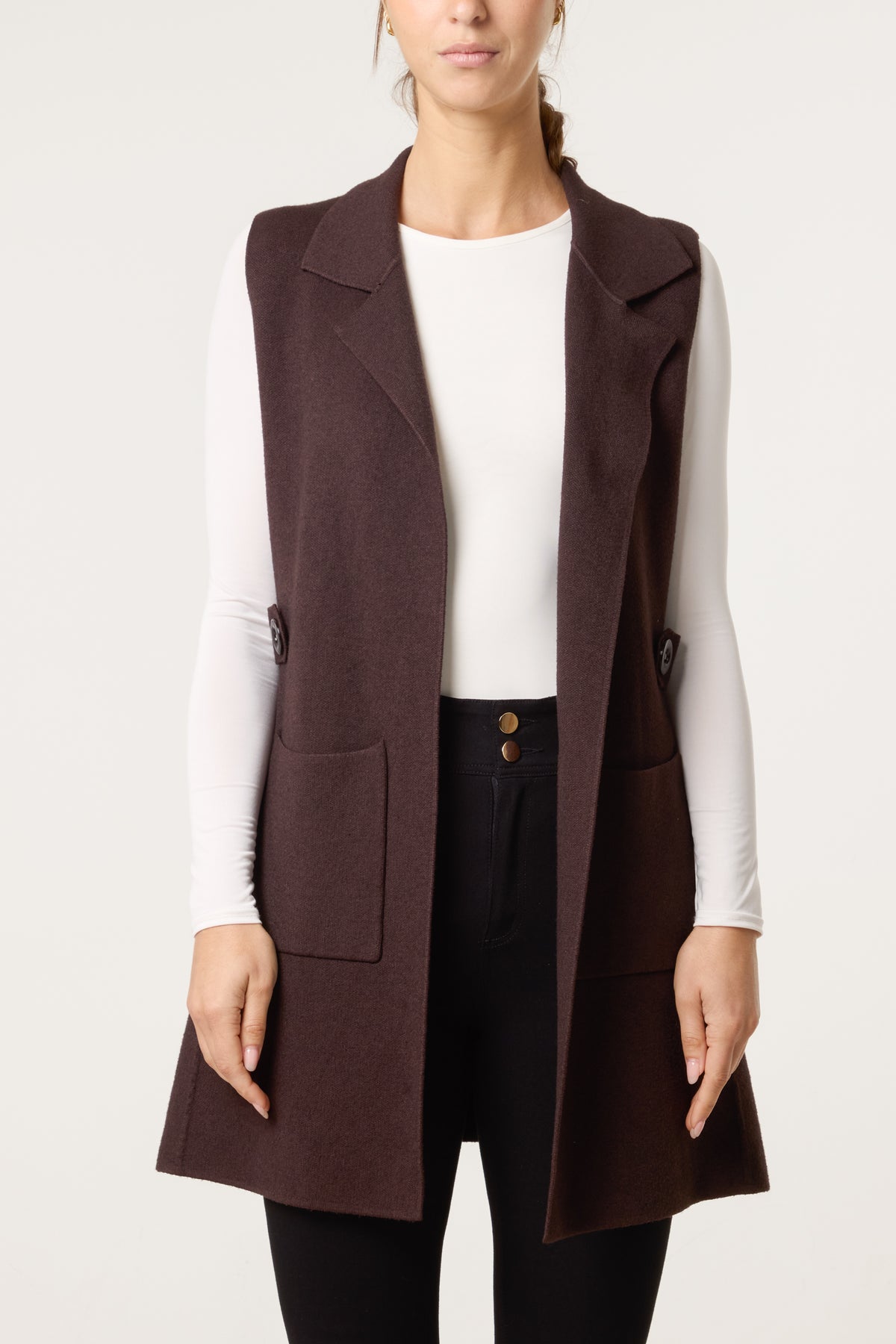 Lapel Collar Pockets Knitted Vest