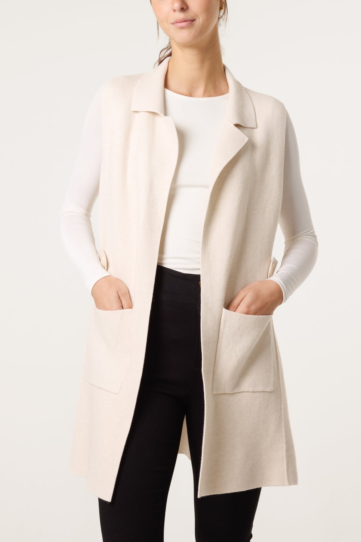 Lapel Collar Pockets Knitted Vest