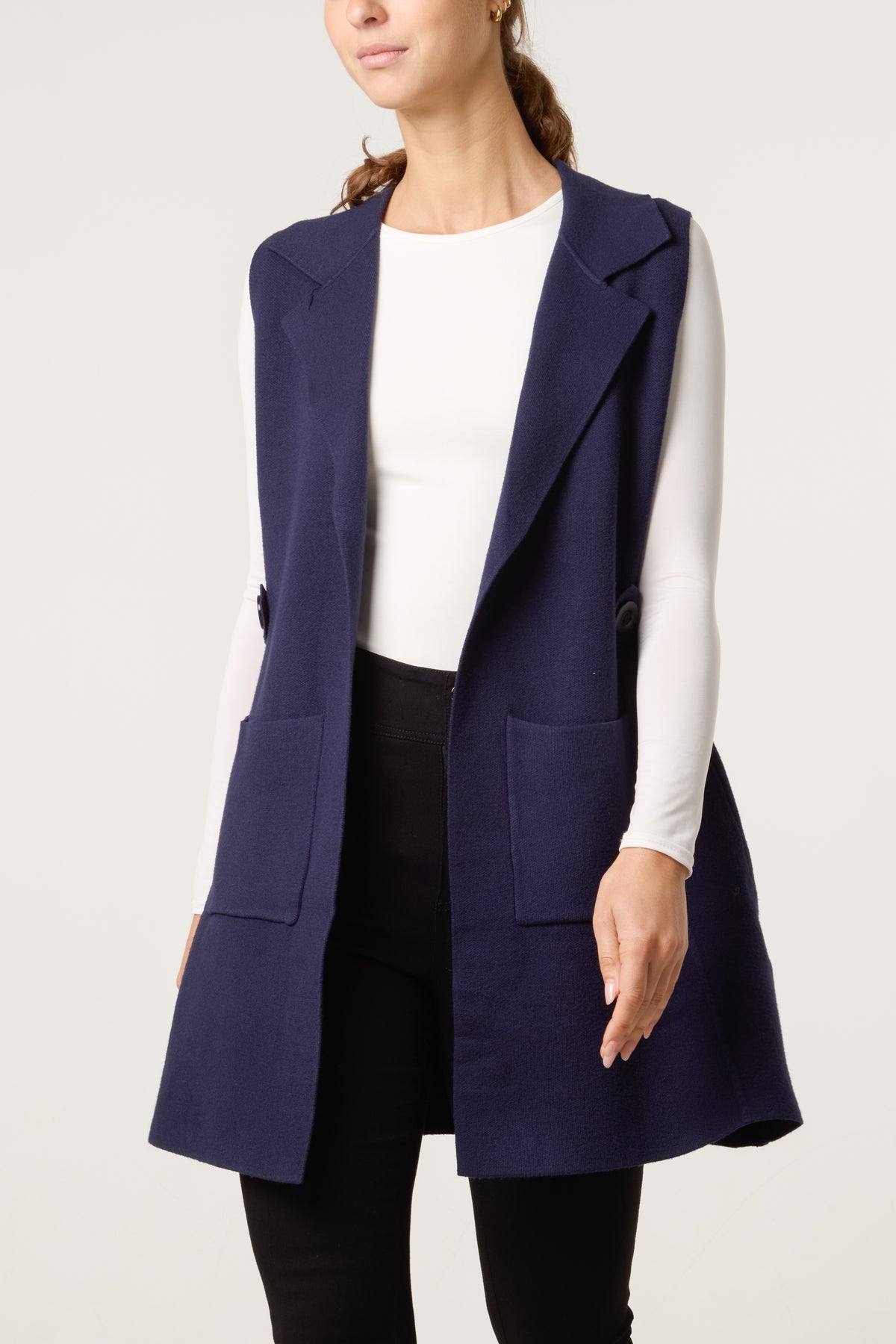 Lapel Collar Pockets Knitted Vest