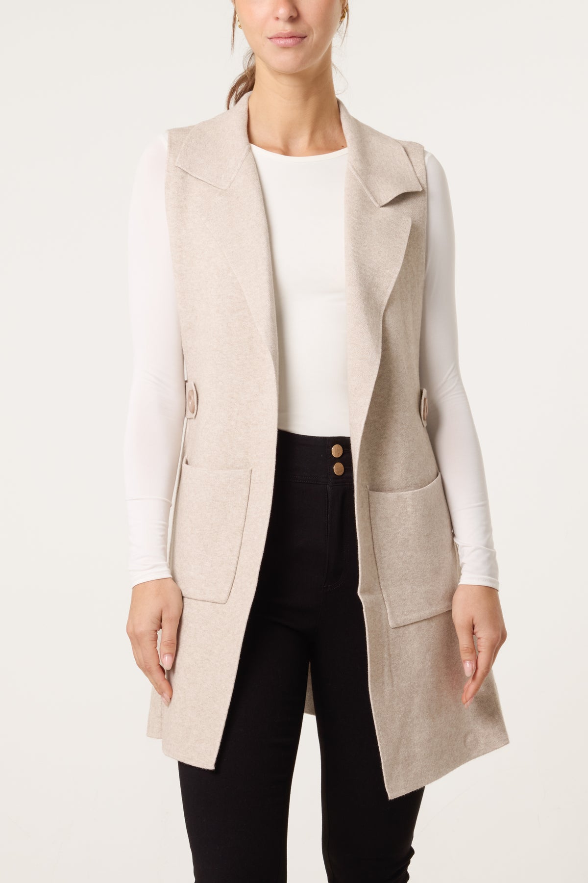 Lapel Collar Pockets Knitted Vest